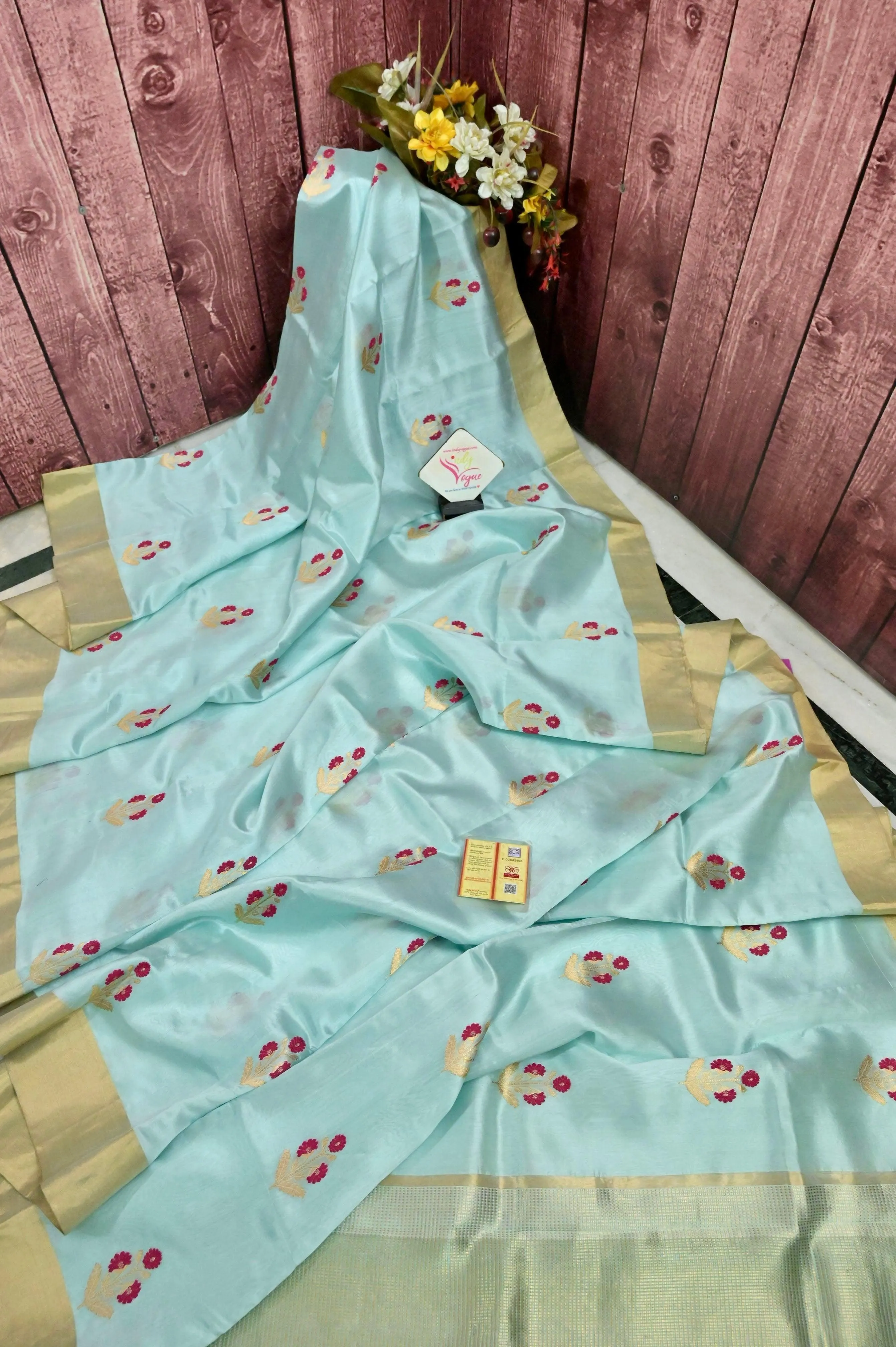 Light Blue Color Pure Chanderi Banarasi Saree with Meenakari Butta