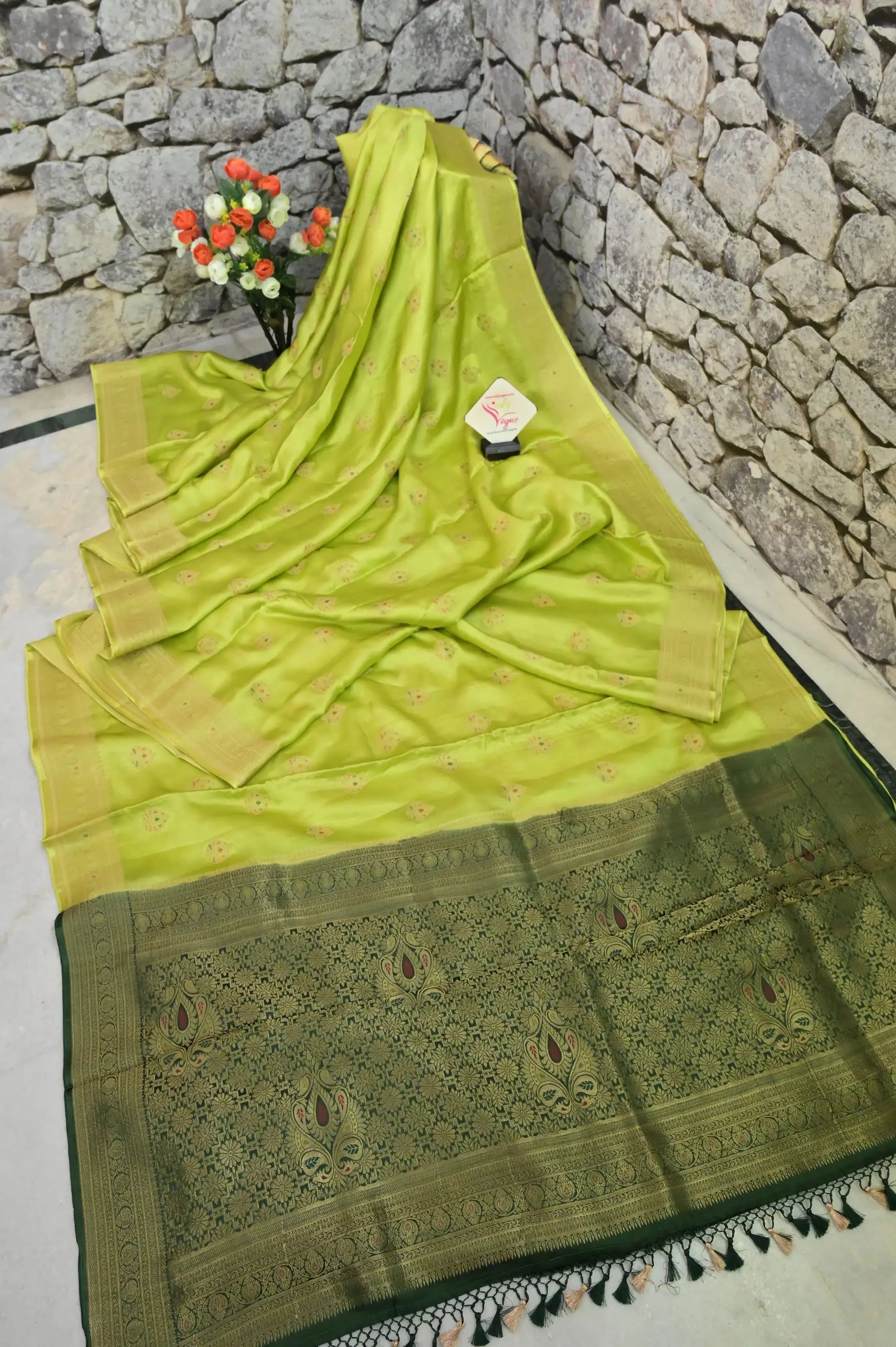 Light Green Color Satin Banarasi Saree with Meenakari Work