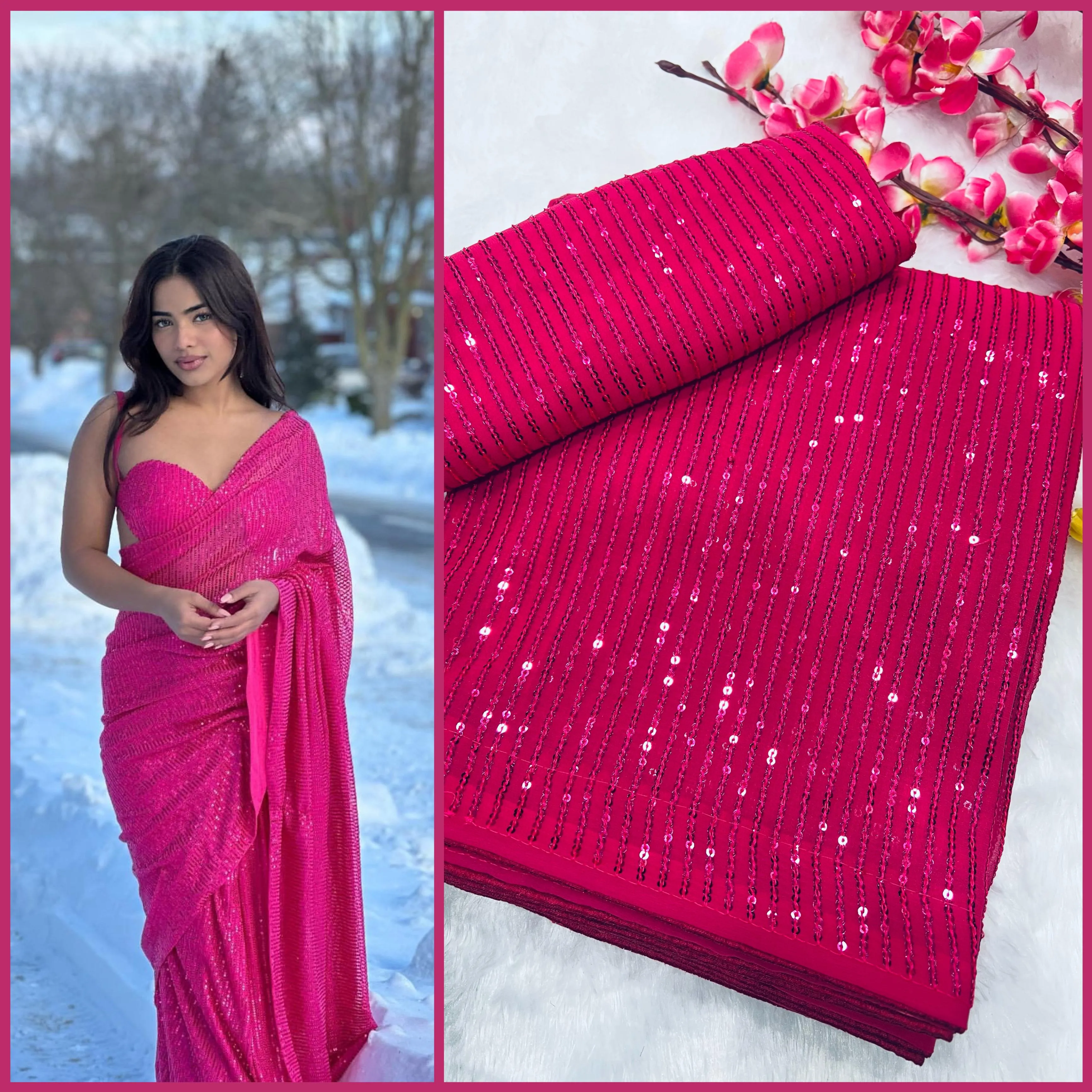 Lovely Pink Colored Sequins Embroidery Work With Heavy Georgette Saree