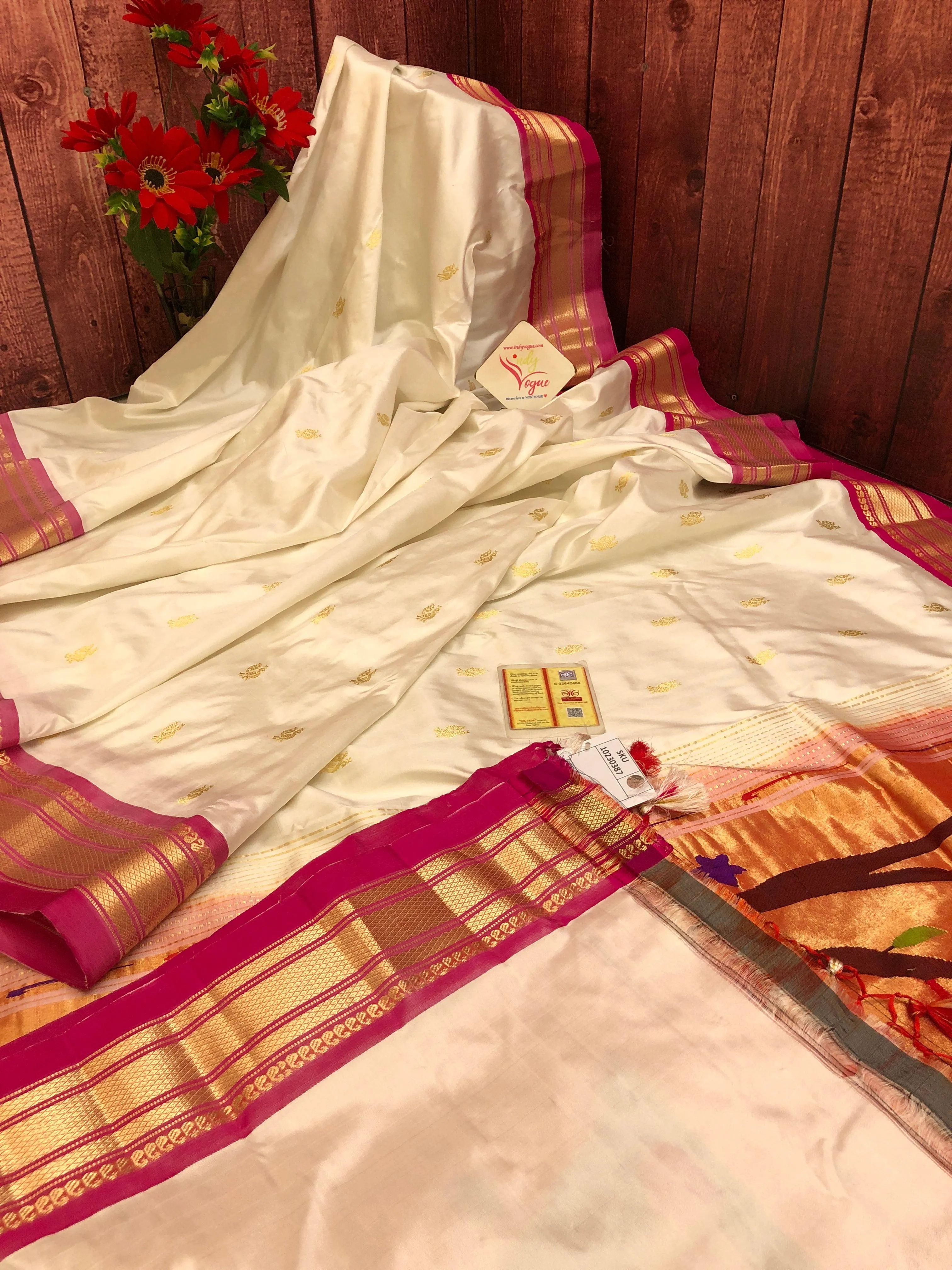 Milky White Color Pure Yeola Paithani Silk Saree