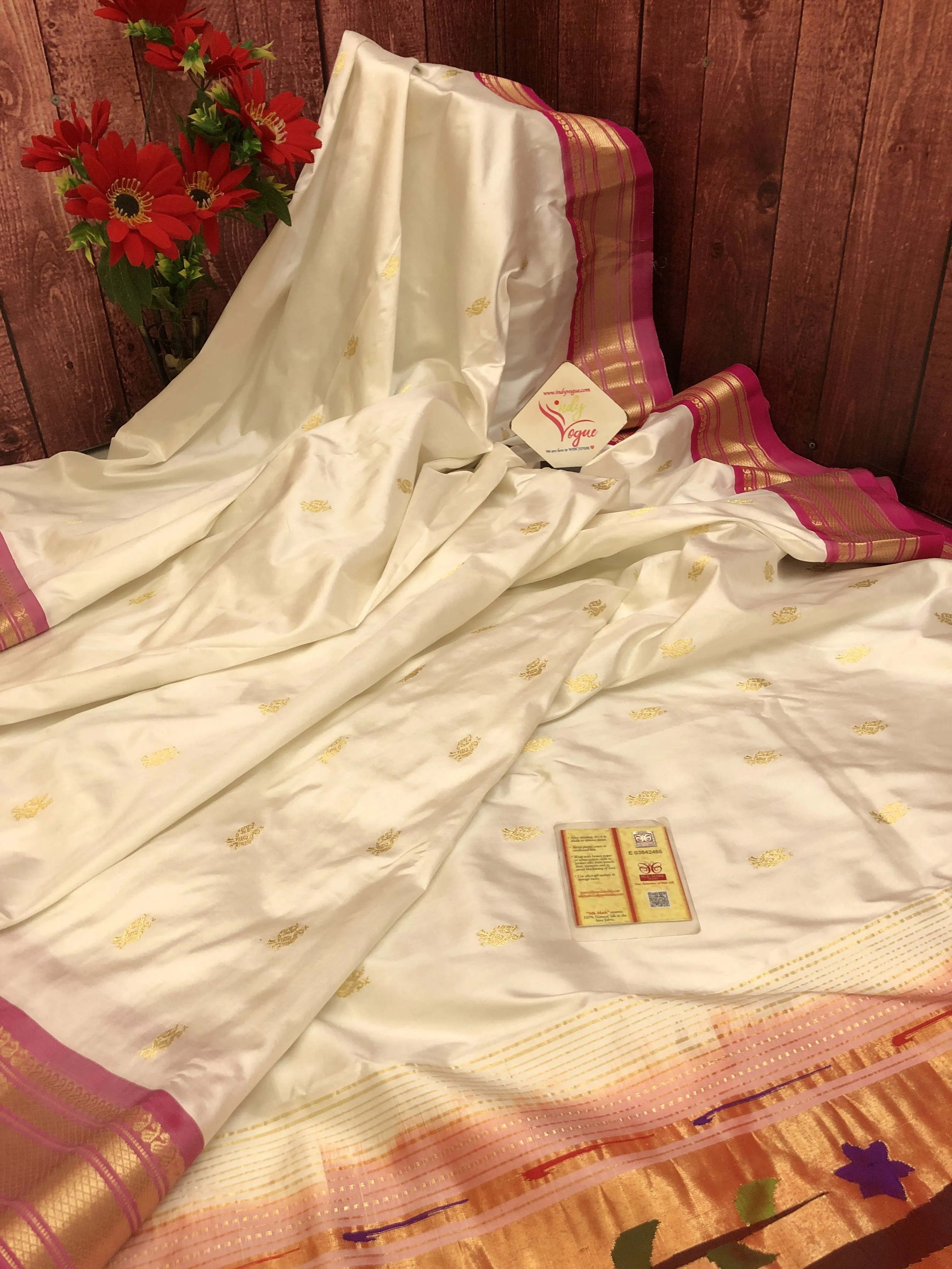 Milky White Color Pure Yeola Paithani Silk Saree