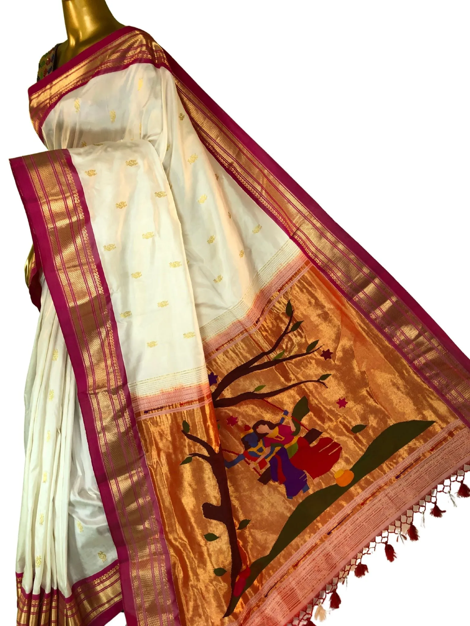 Milky White Color Pure Yeola Paithani Silk Saree