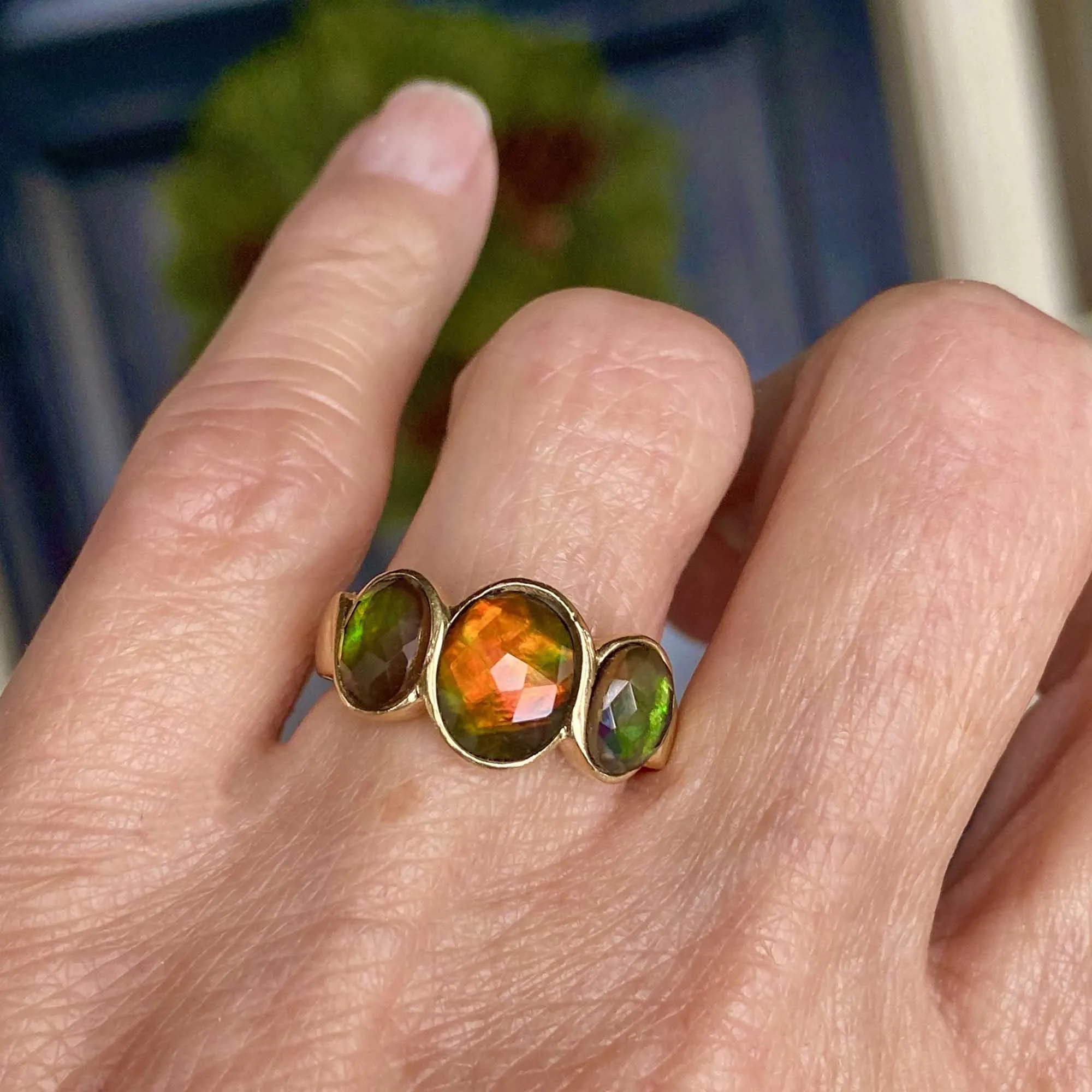 Modern 14K Gold Rose Cut Ammolite Ring