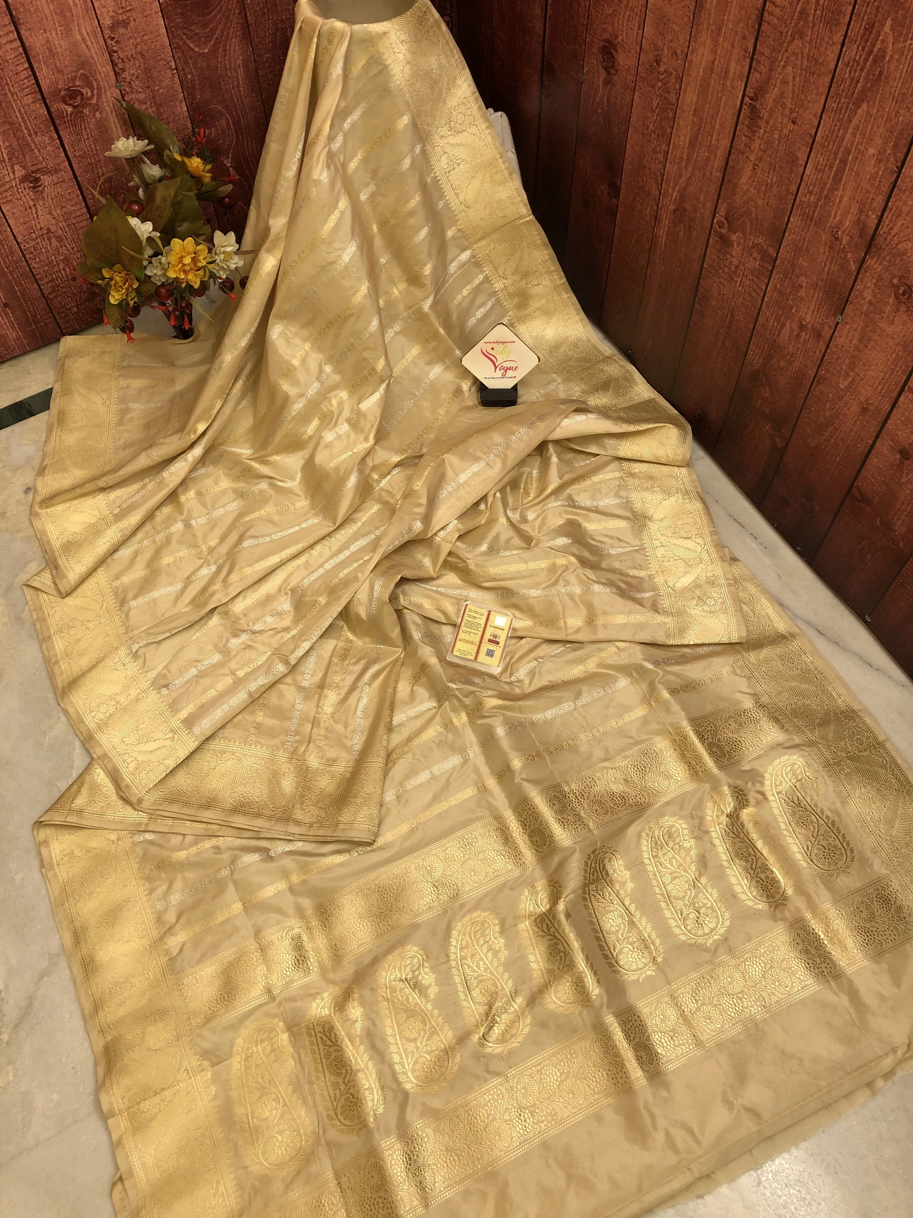 Natural Golden Color Pure Katan Banarasi Saree with Silver & Golden Zari Work