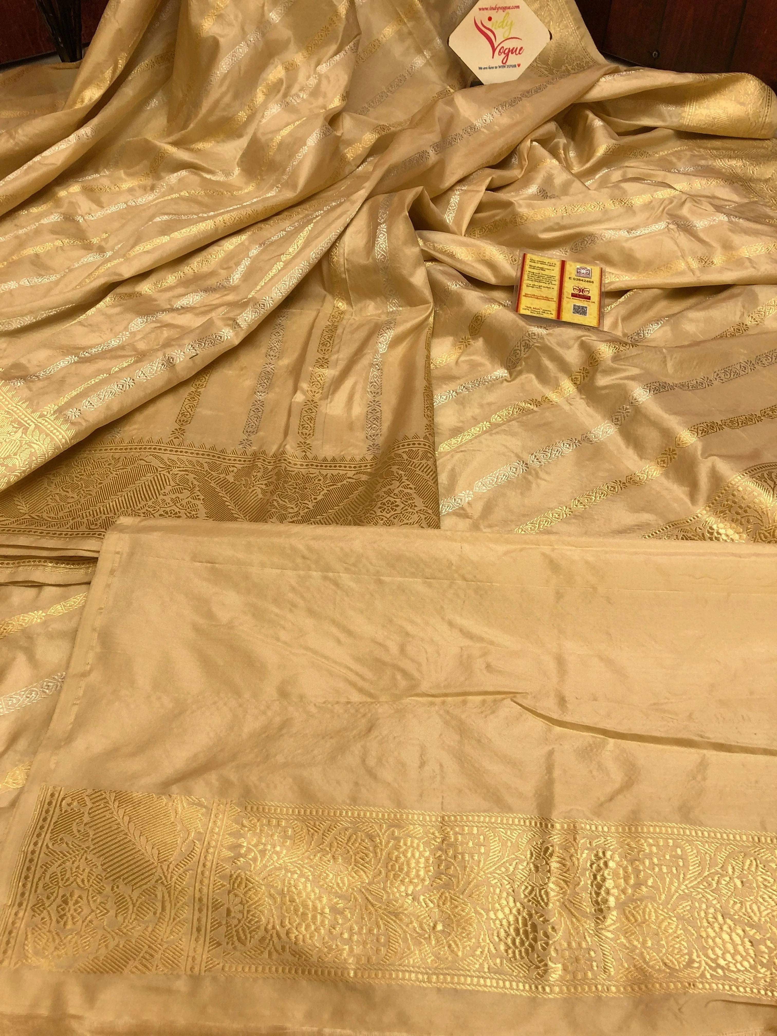 Natural Golden Color Pure Katan Banarasi Saree with Silver & Golden Zari Work