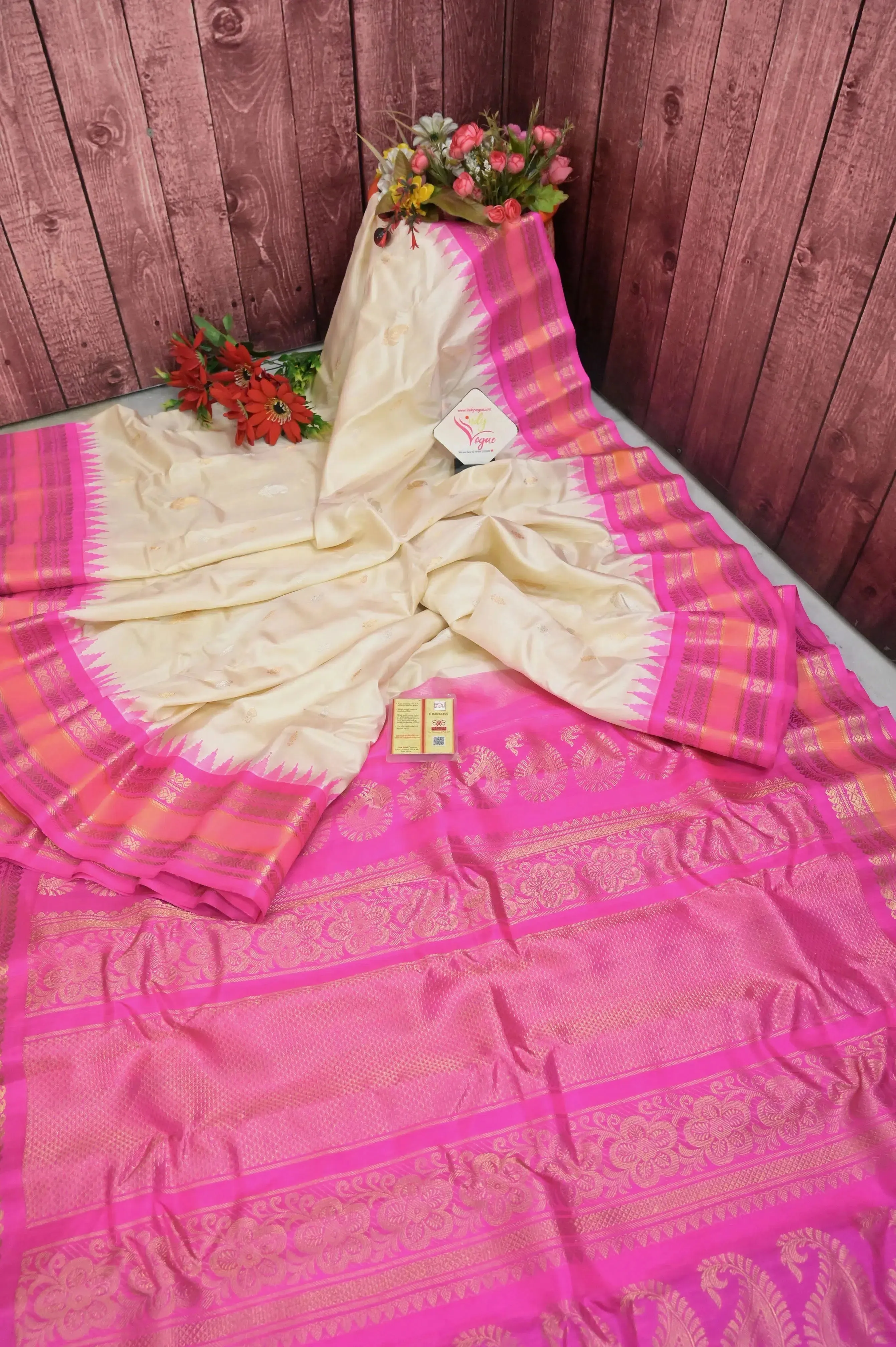 Off white and Pink Color Gadwal Silk Saree with Allover Silver and Golden Zari Butta Work