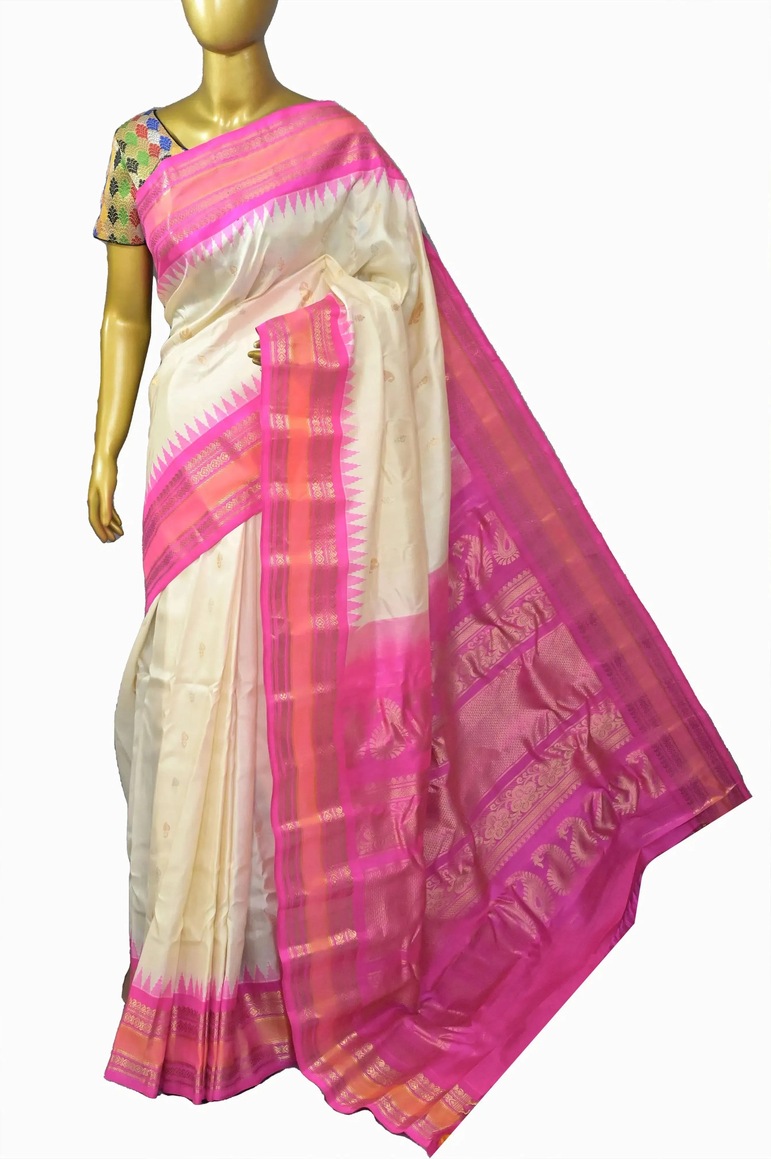 Off white and Pink Color Gadwal Silk Saree with Allover Silver and Golden Zari Butta Work