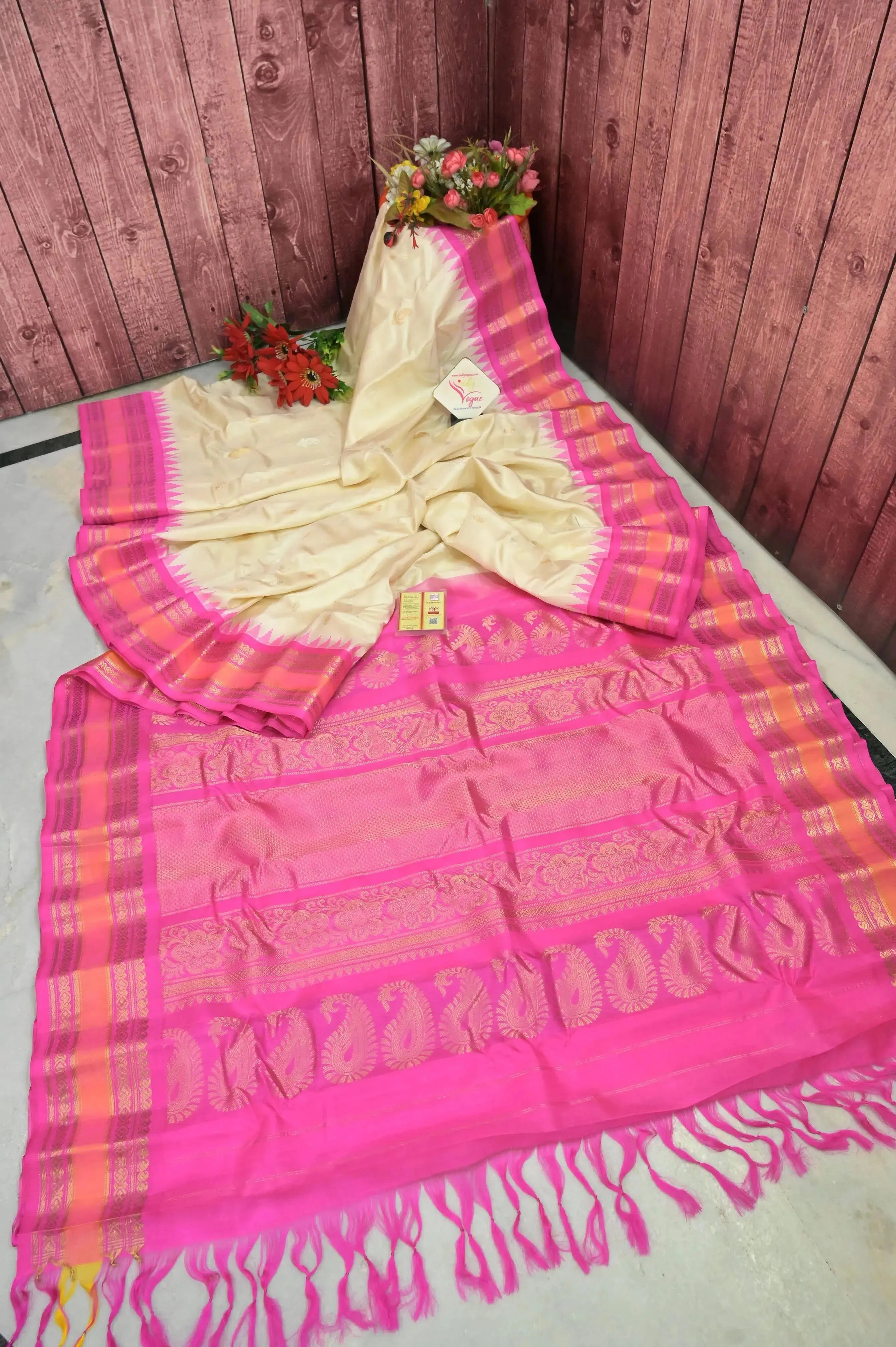 Off white and Pink Color Gadwal Silk Saree with Allover Silver and Golden Zari Butta Work