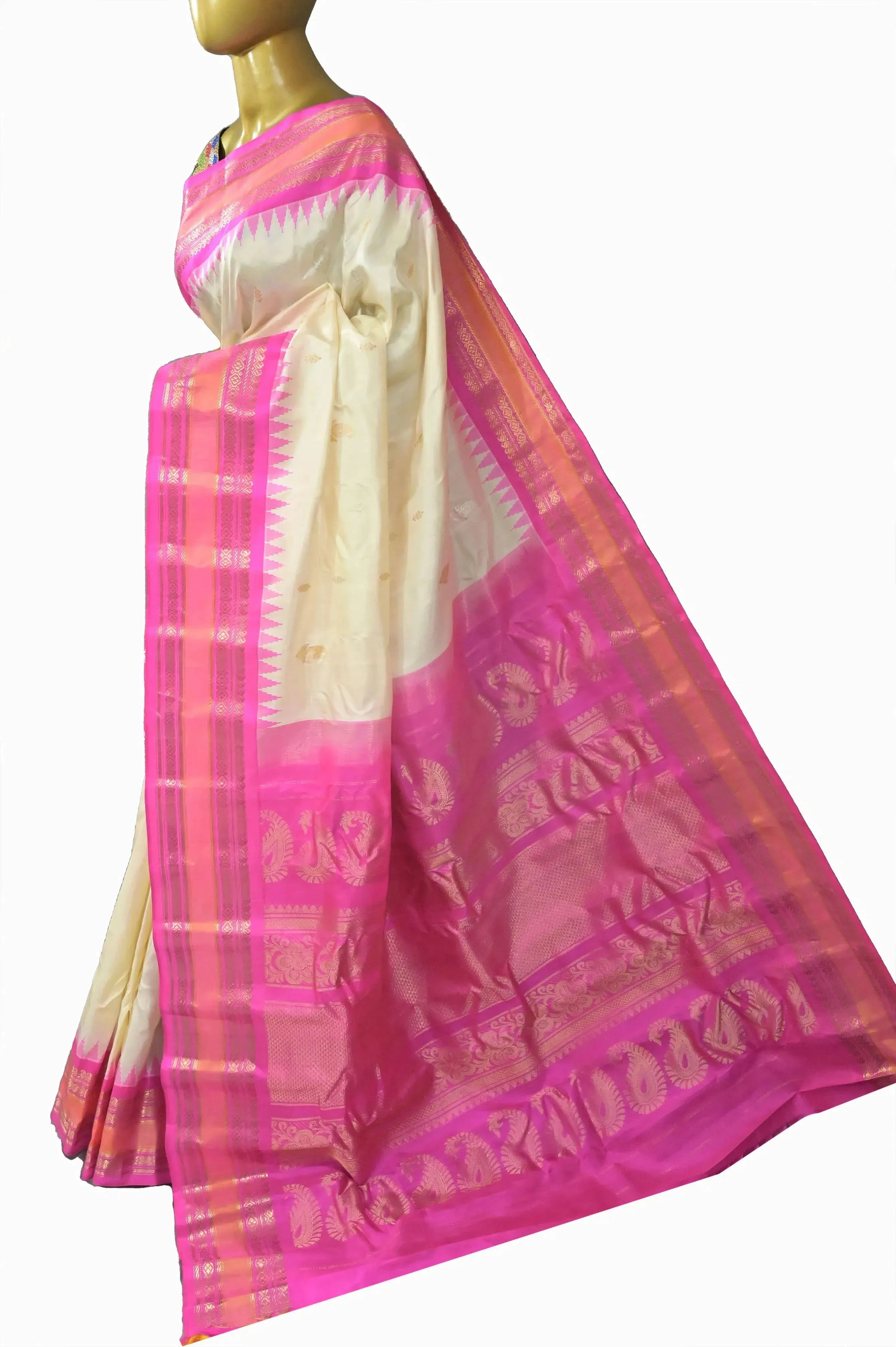 Off white and Pink Color Gadwal Silk Saree with Allover Silver and Golden Zari Butta Work