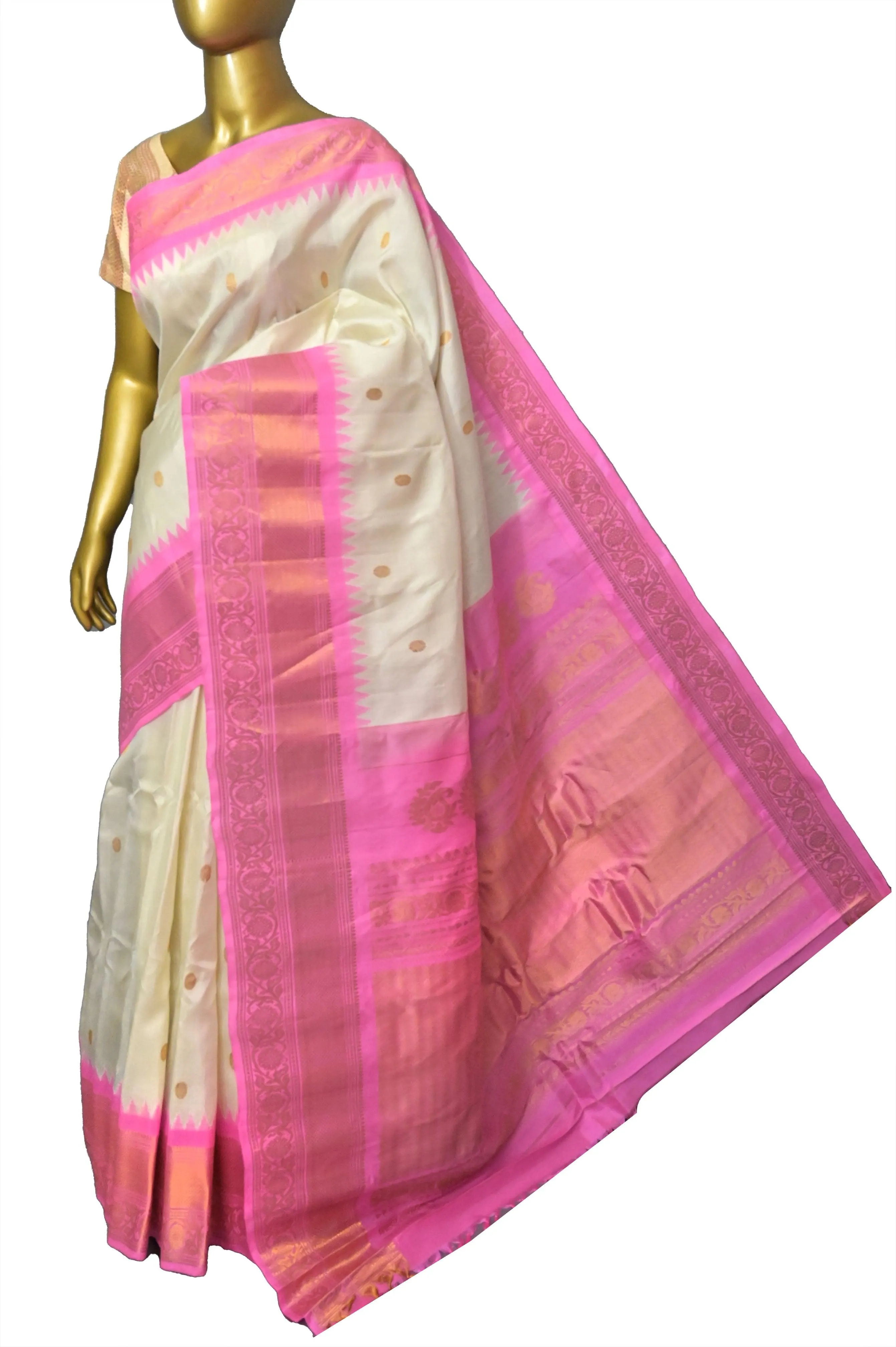 Offwhite and Pink Color Gadwal Silk Saree with Golden Zari Buti Border and Pallu