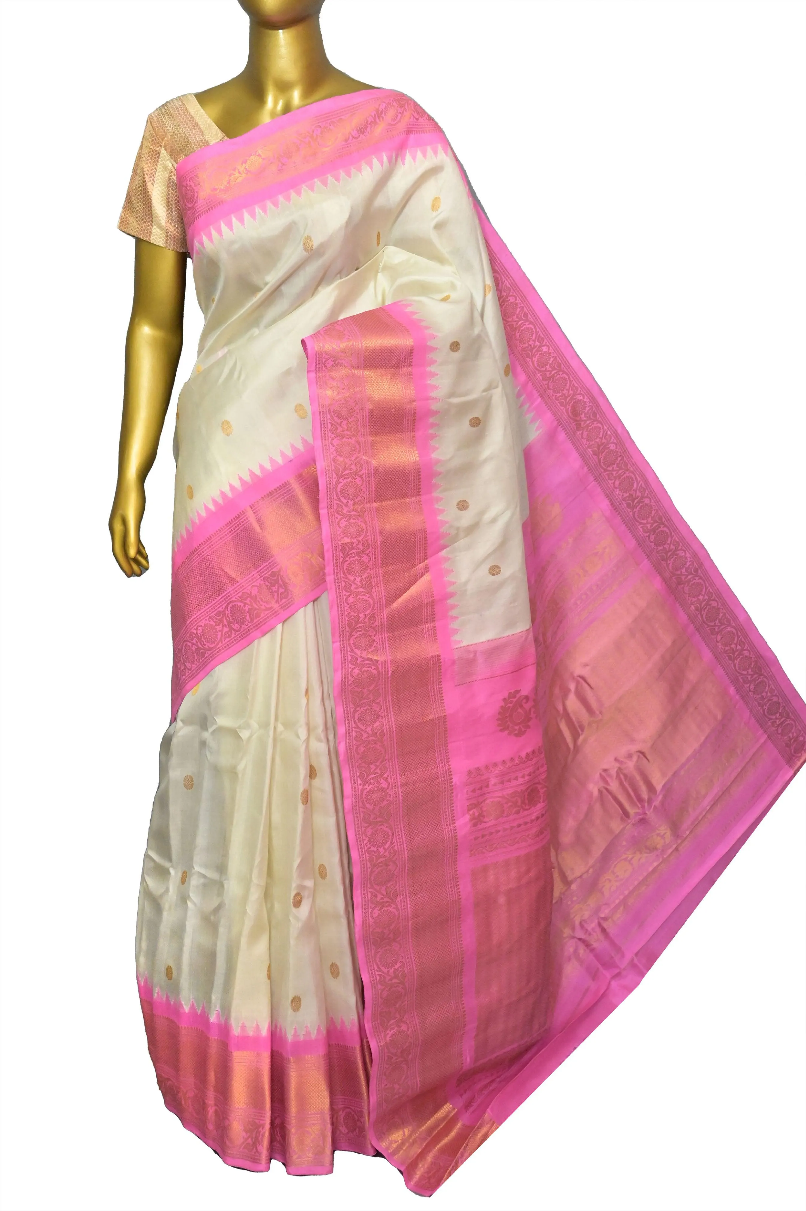 Offwhite and Pink Color Gadwal Silk Saree with Golden Zari Buti Border and Pallu