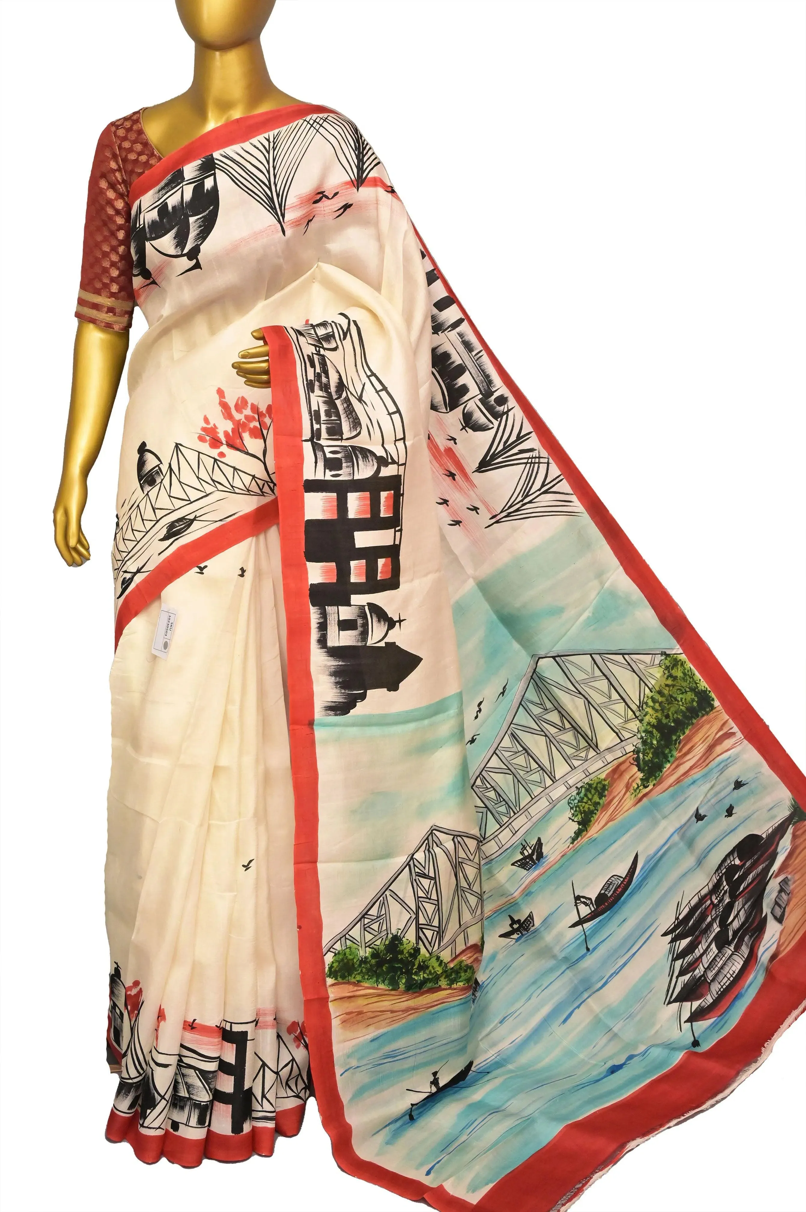 Offwhite and Red Color Hand Painted Kolkata Theme Bishnupur Katan Silk Saree