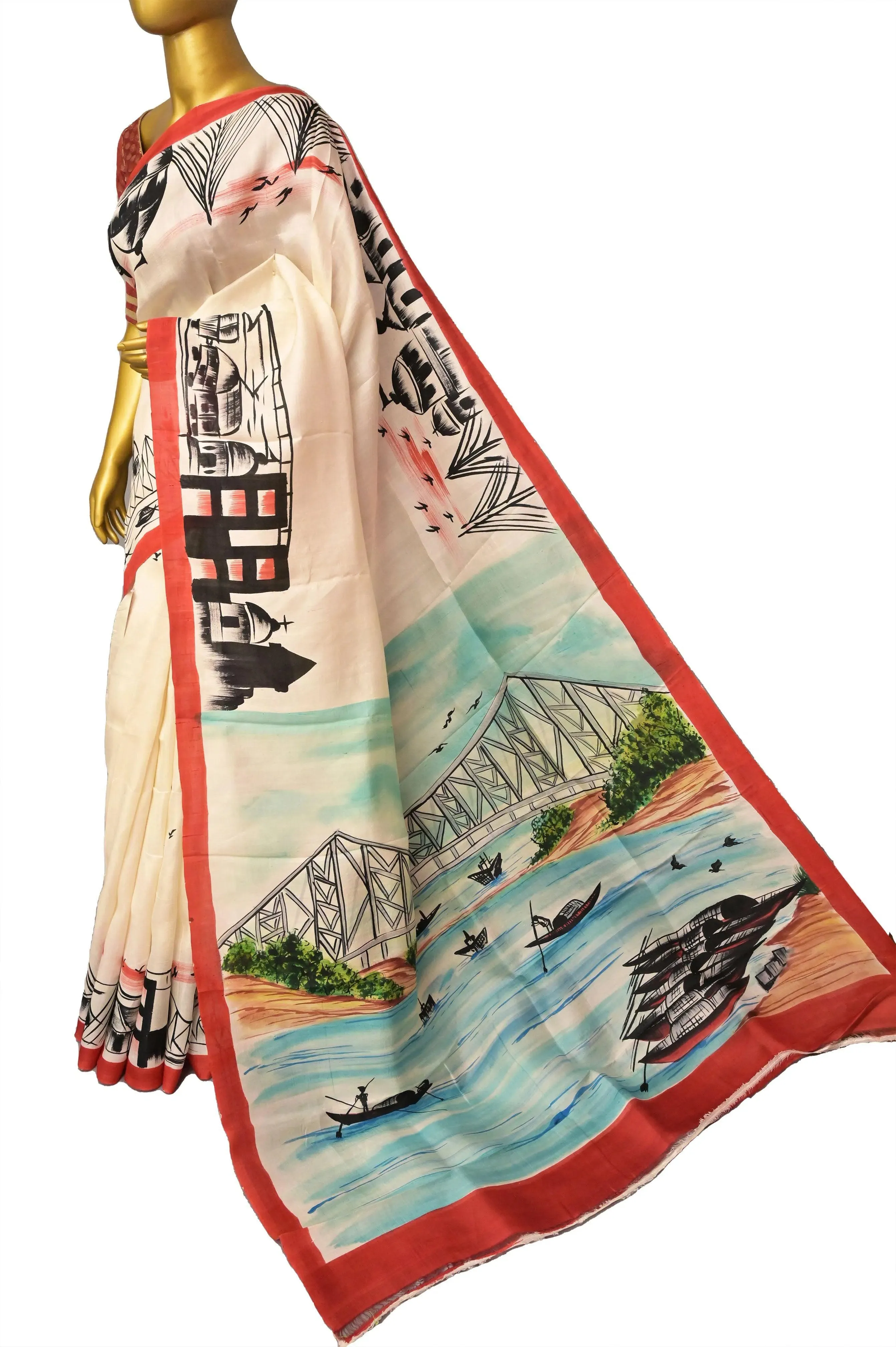 Offwhite and Red Color Hand Painted Kolkata Theme Bishnupur Katan Silk Saree