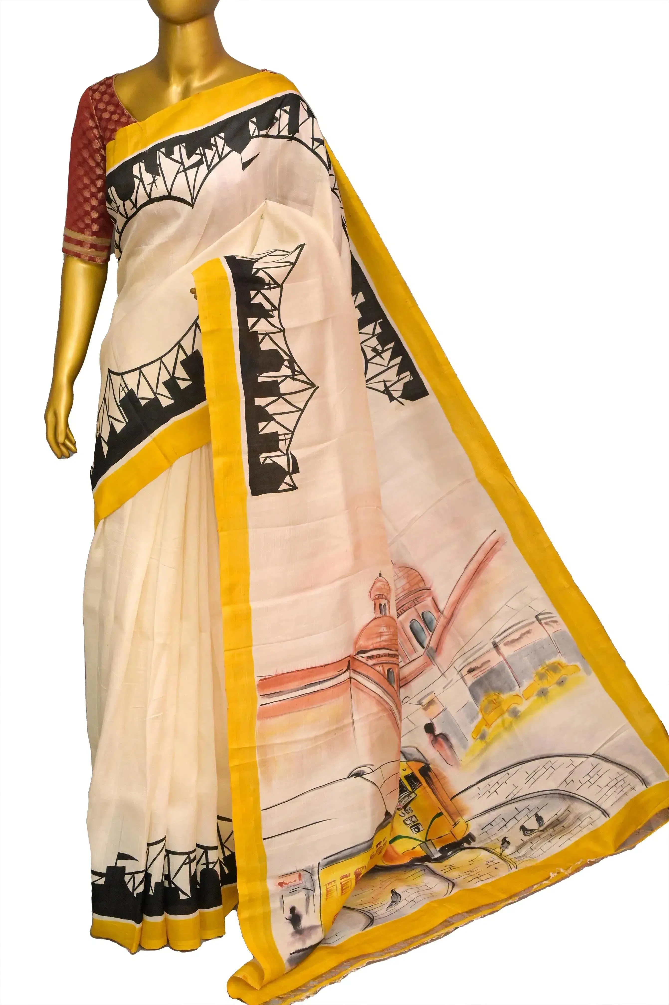 Offwhite and Yellow Color Bishnupur Katan Silk with Hand Painted Kolkata Theme