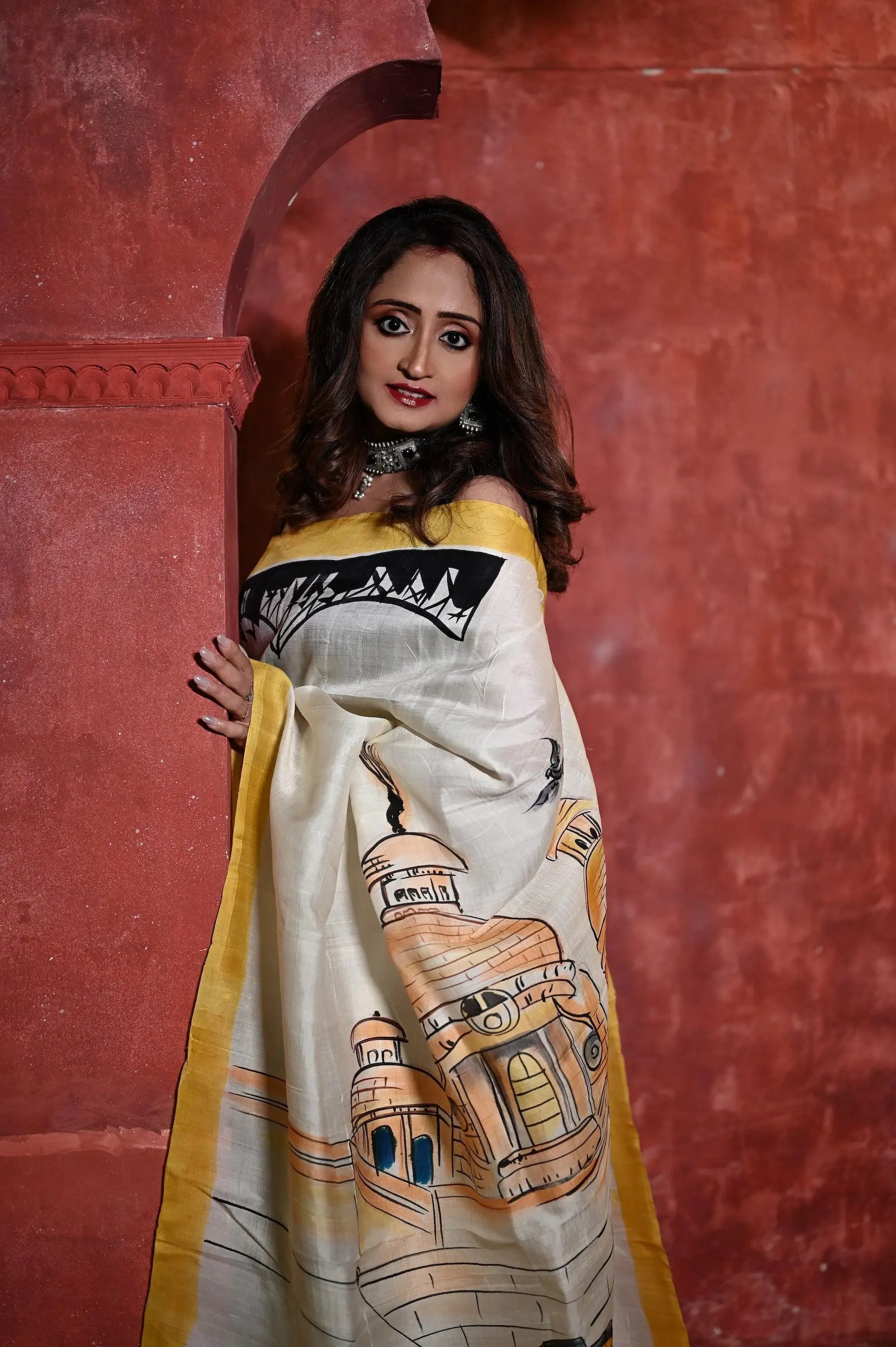 Offwhite and Yellow Color Bishnupur Katan Silk with Hand Painted Kolkata Theme