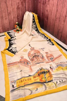 Offwhite and Yellow Color Bishnupur Katan Silk with Hand Painted Kolkata Theme