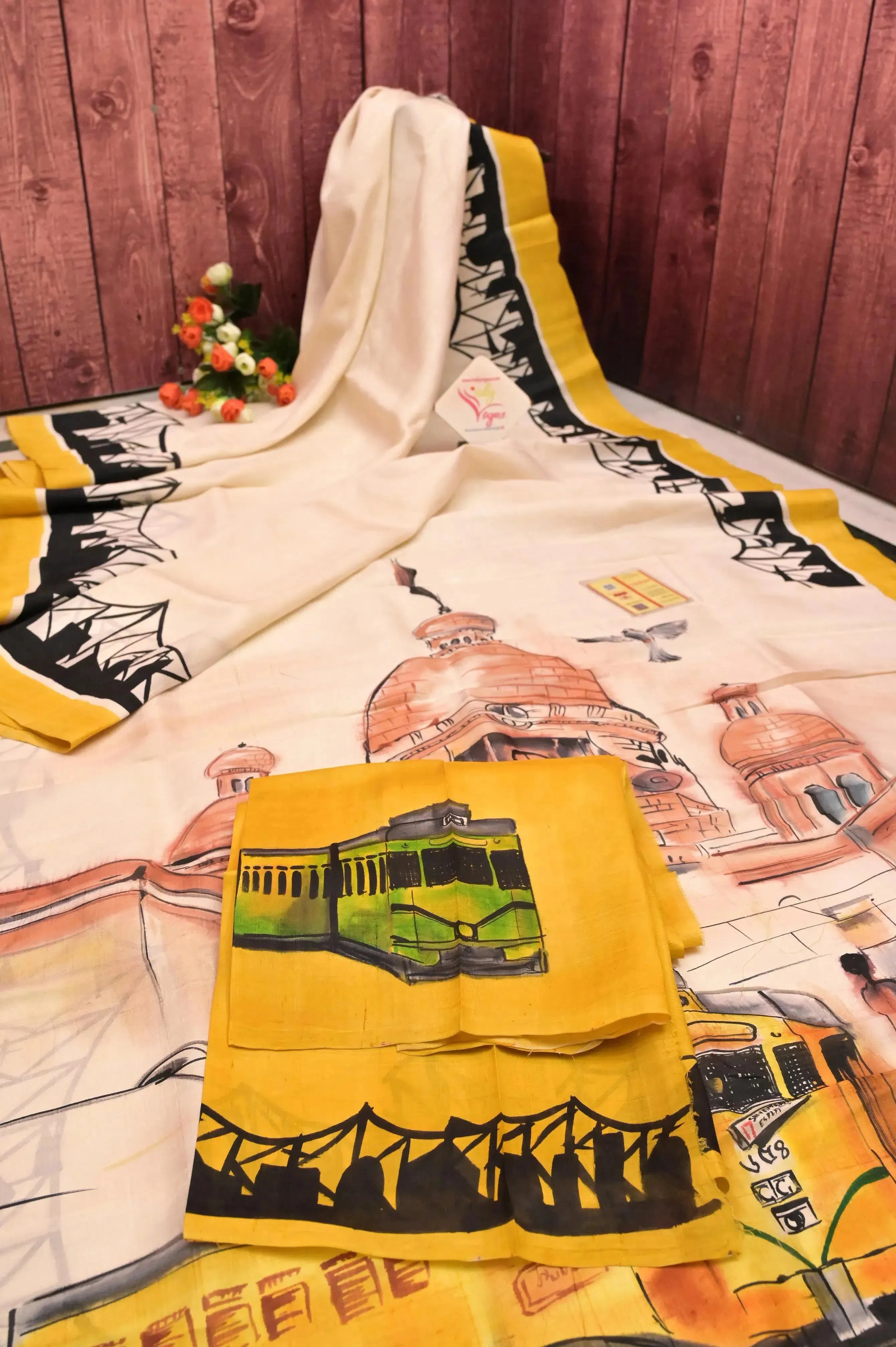 Offwhite and Yellow Color Bishnupur Katan Silk with Hand Painted Kolkata Theme