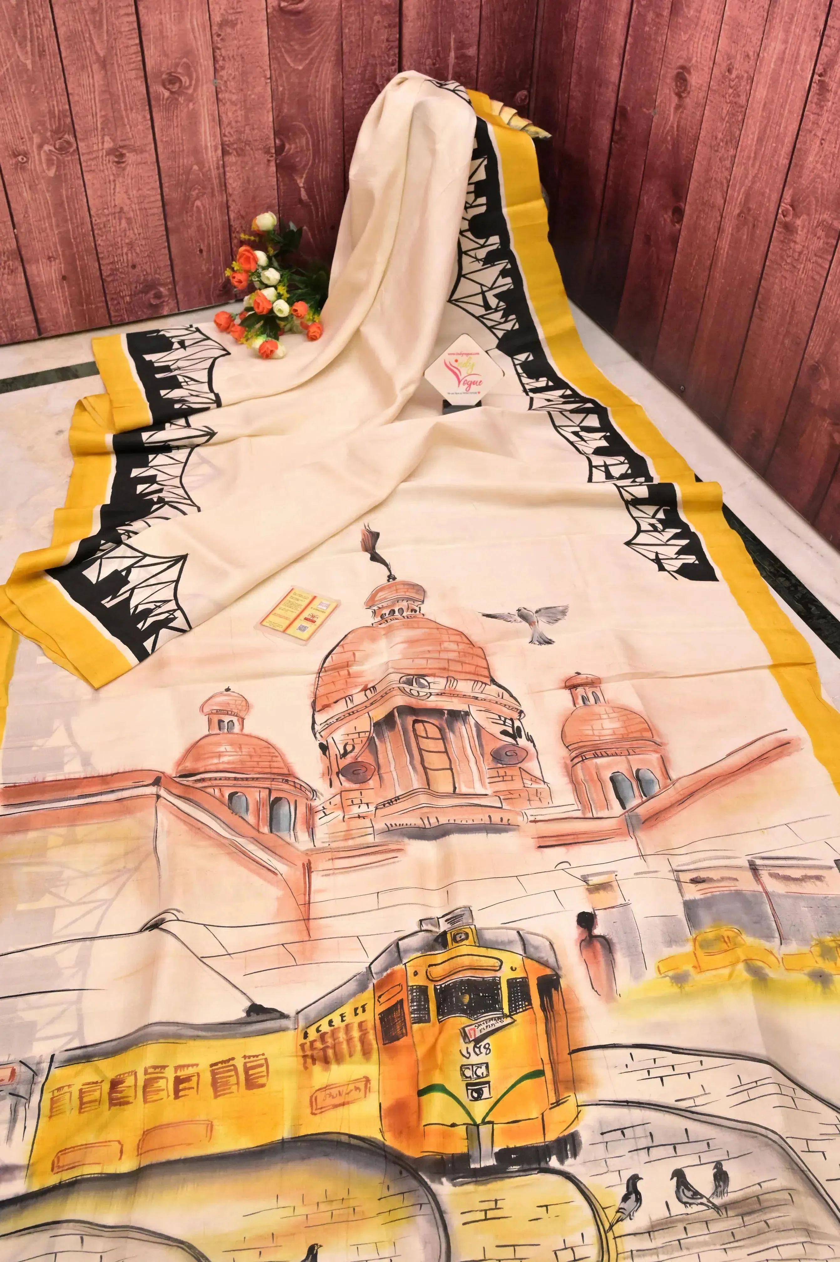 Offwhite and Yellow Color Bishnupur Katan Silk with Hand Painted Kolkata Theme