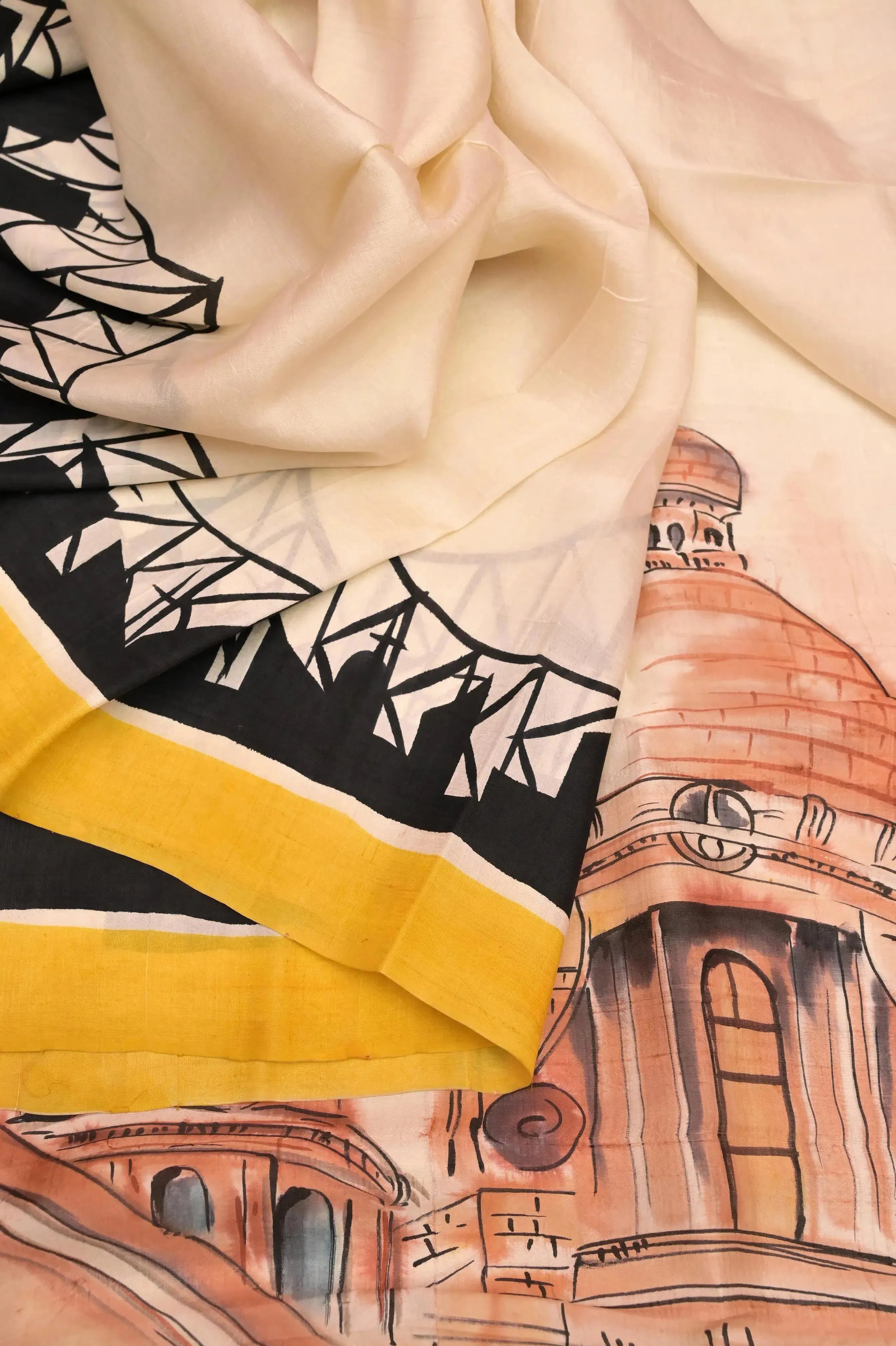 Offwhite and Yellow Color Bishnupur Katan Silk with Hand Painted Kolkata Theme