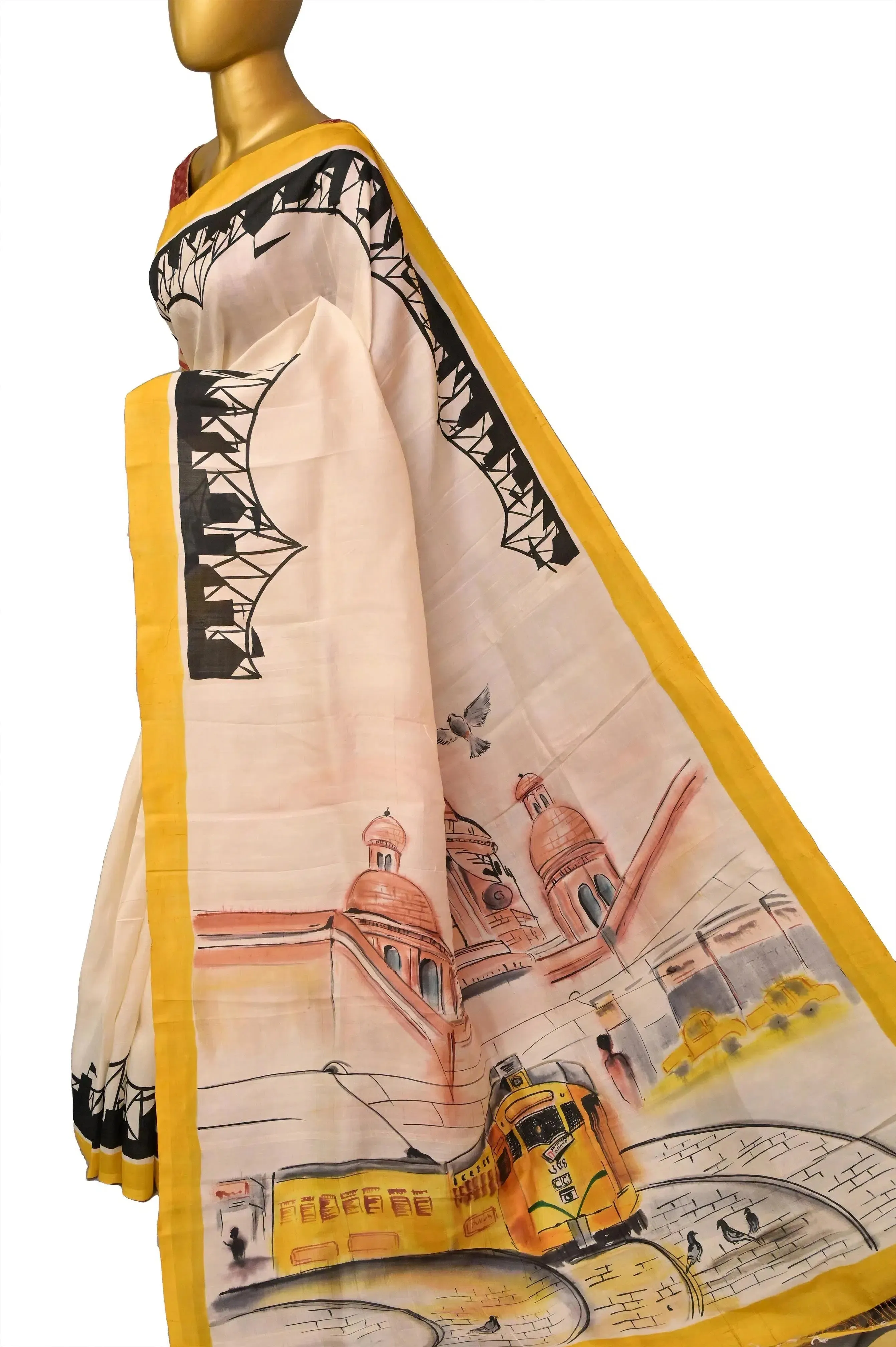 Offwhite and Yellow Color Bishnupur Katan Silk with Hand Painted Kolkata Theme