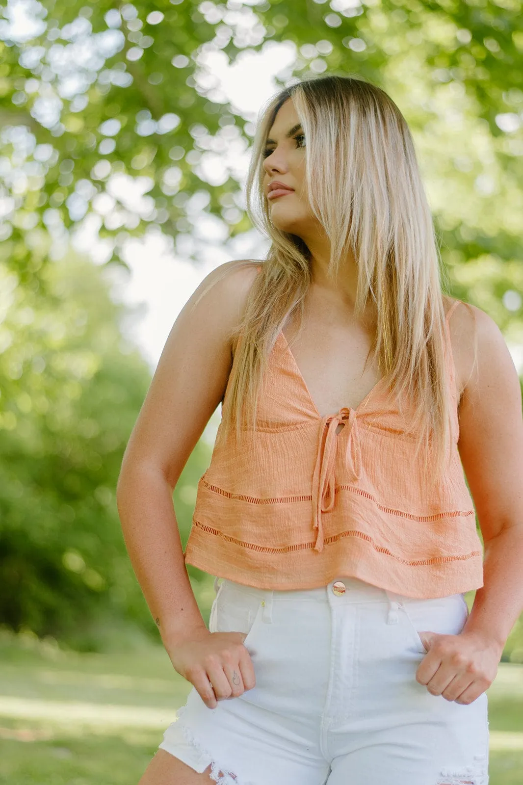 Orange Linen Tie Front Top