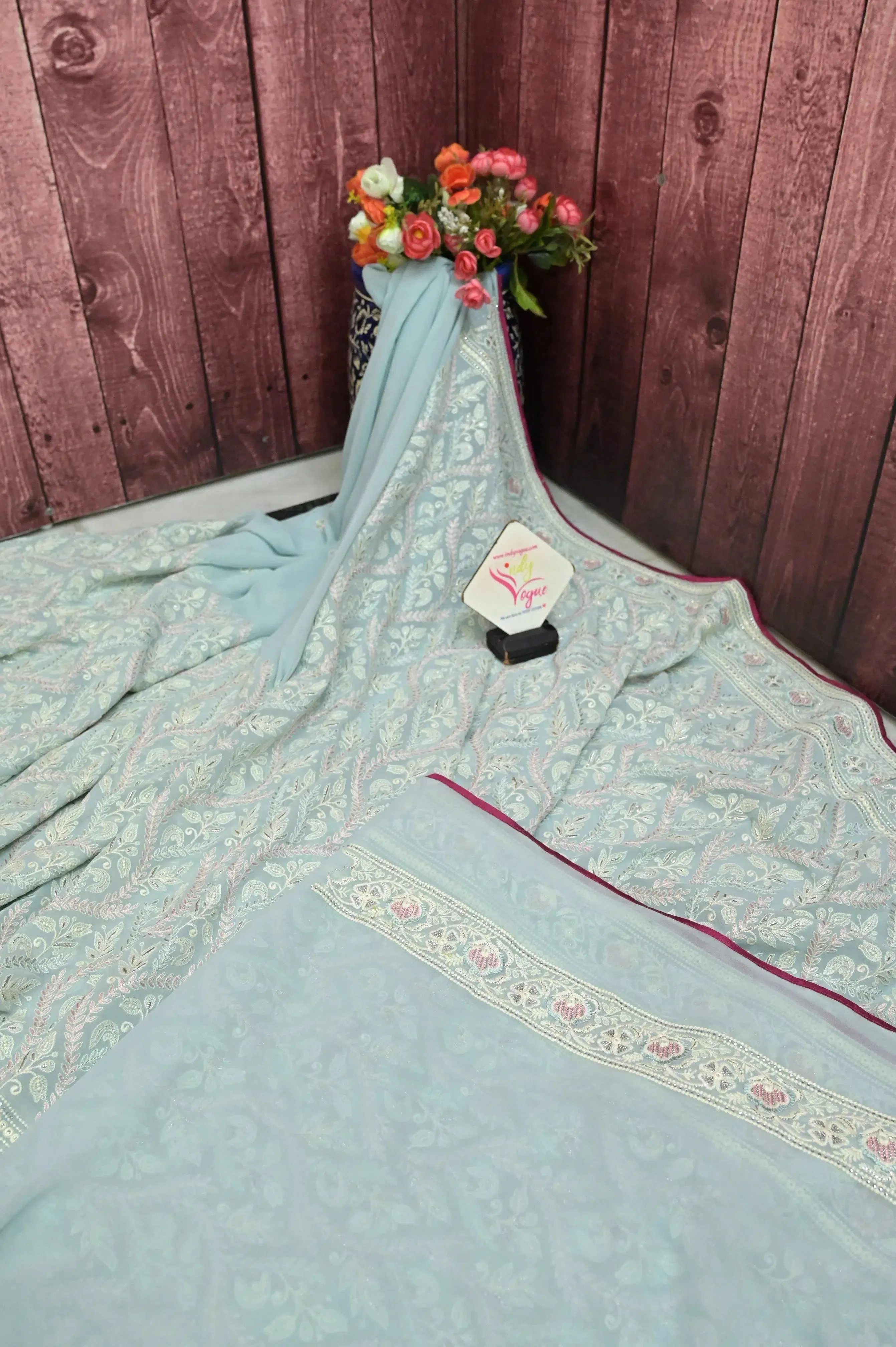 Pastel Blue Color Georgette Saree with Chikankari Work