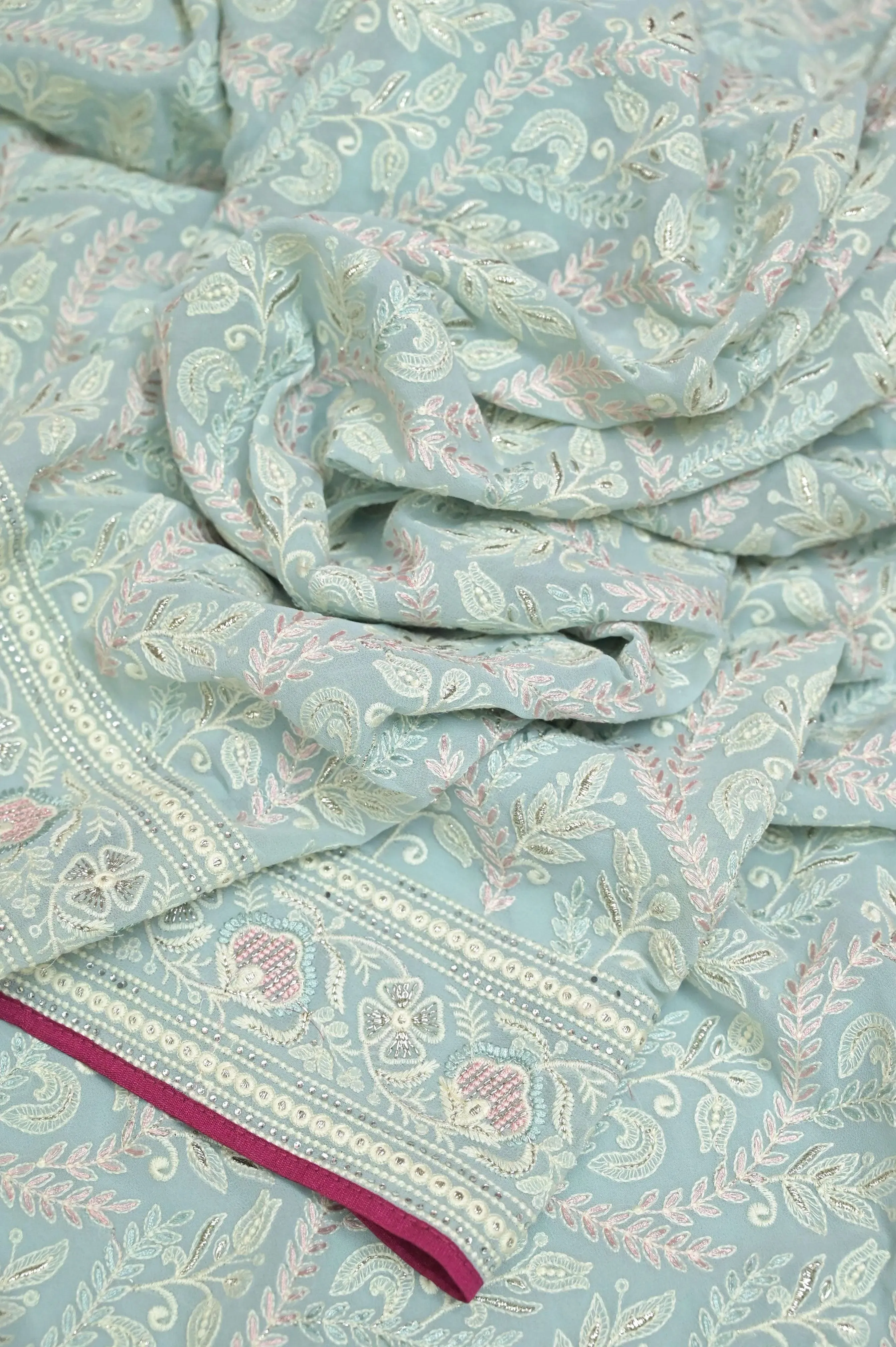 Pastel Blue Color Georgette Saree with Chikankari Work