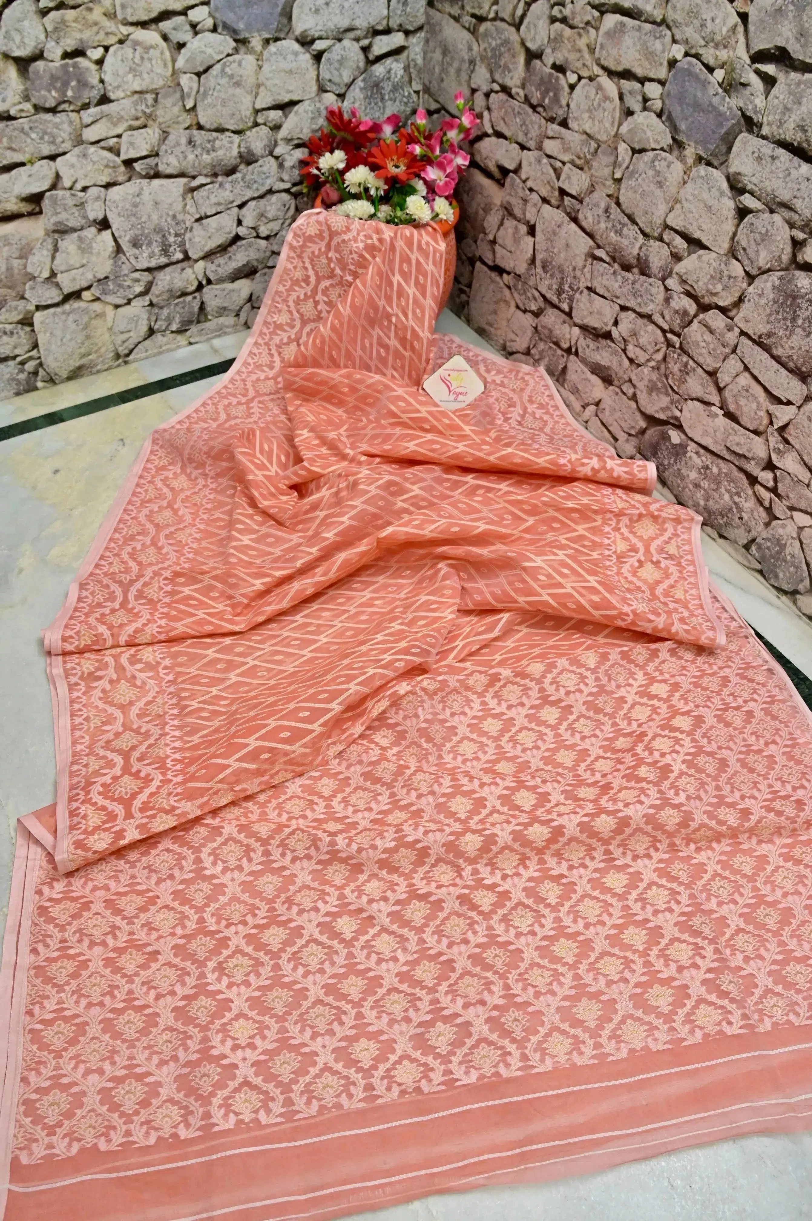 Peach Pink Color Jamdani Saree with Allover Jamdani Weaving