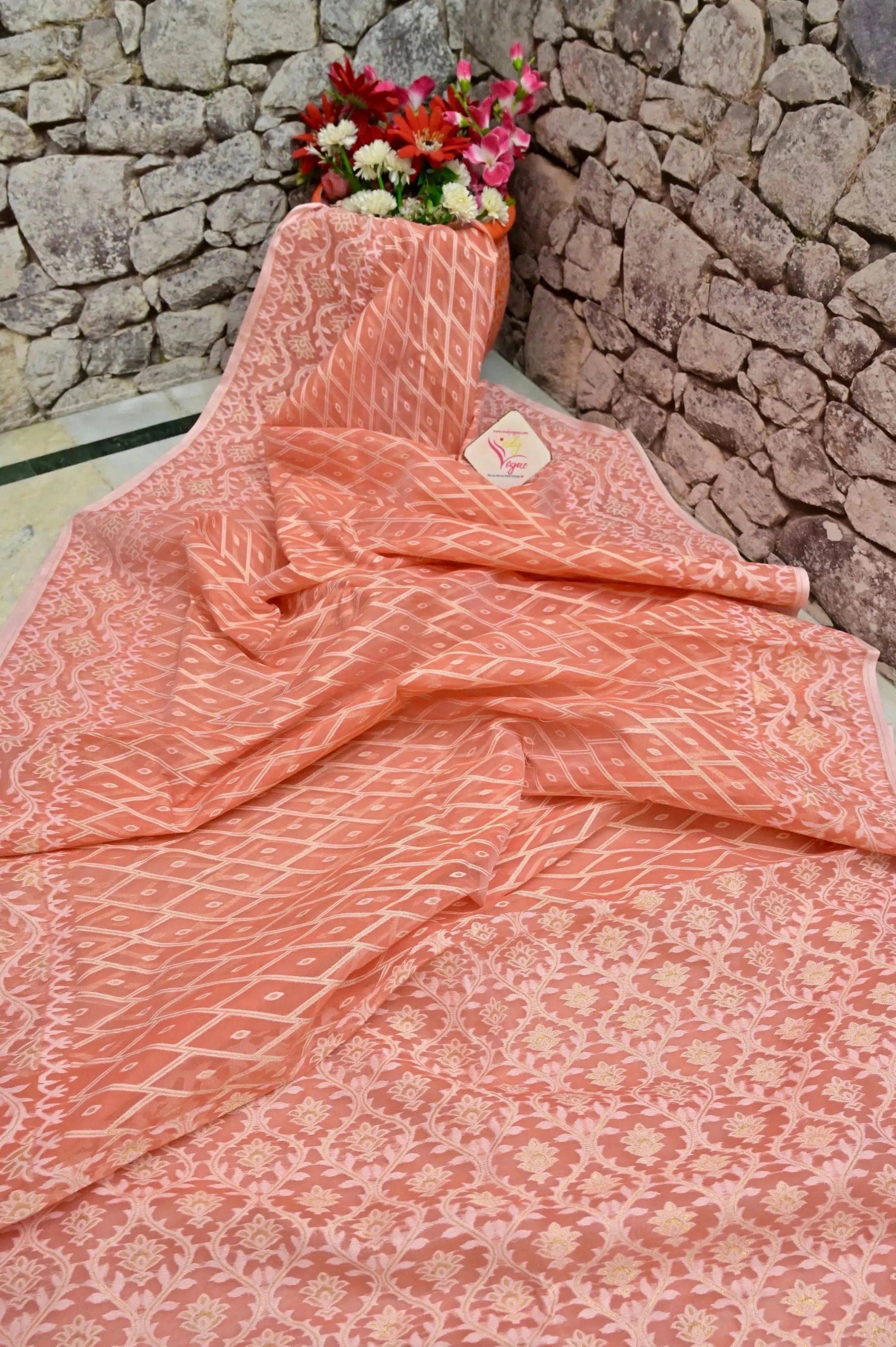 Peach Pink Color Jamdani Saree with Allover Jamdani Weaving