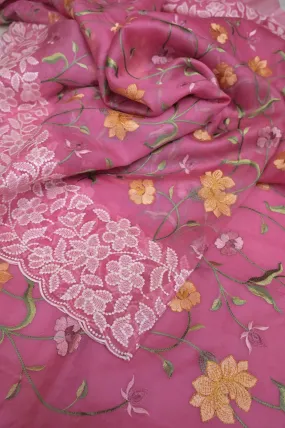 Pink Color Kora Organza Saree with Embroidery Work with Scallops Border