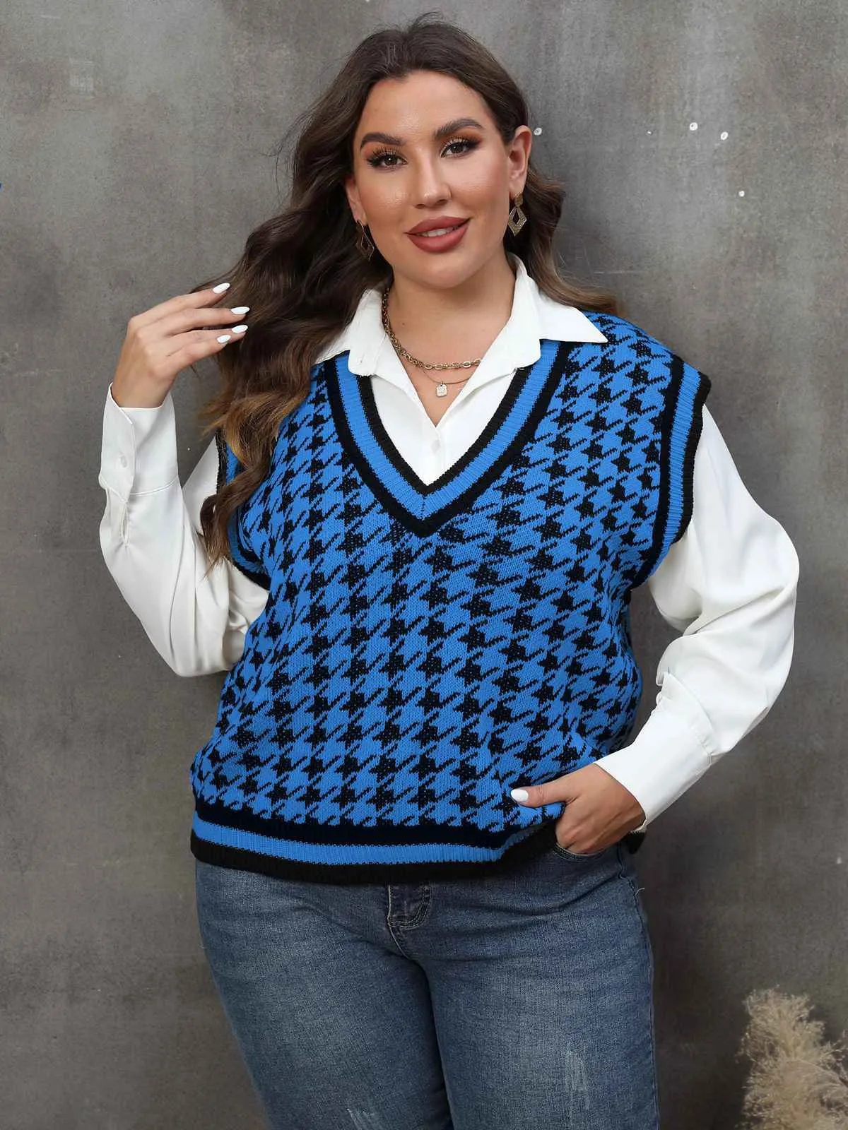 [Plus Size] 1960s Jacquard Contrasting Houndstooth Wool Vest