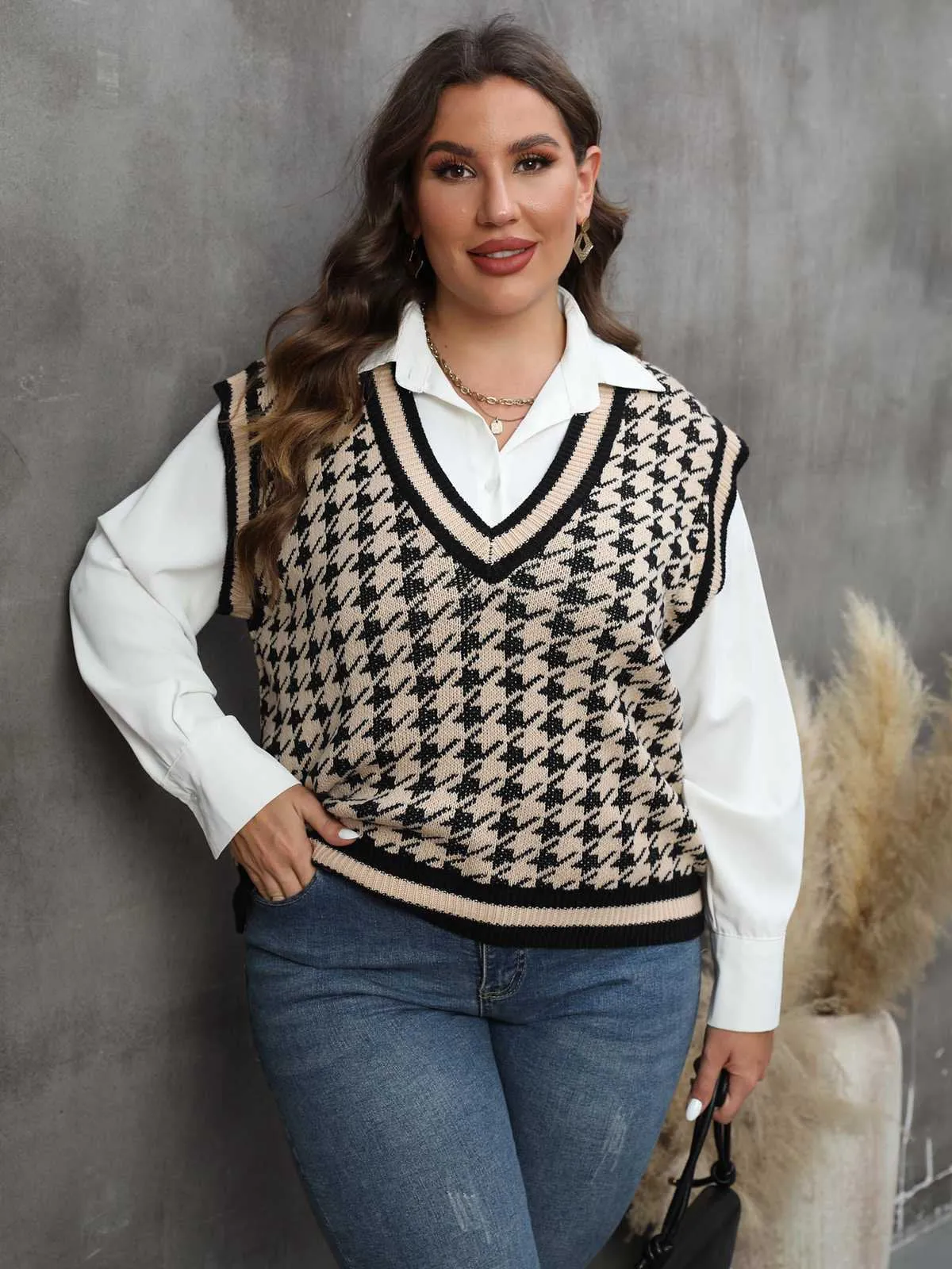 [Plus Size] 1960s Jacquard Contrasting Houndstooth Wool Vest