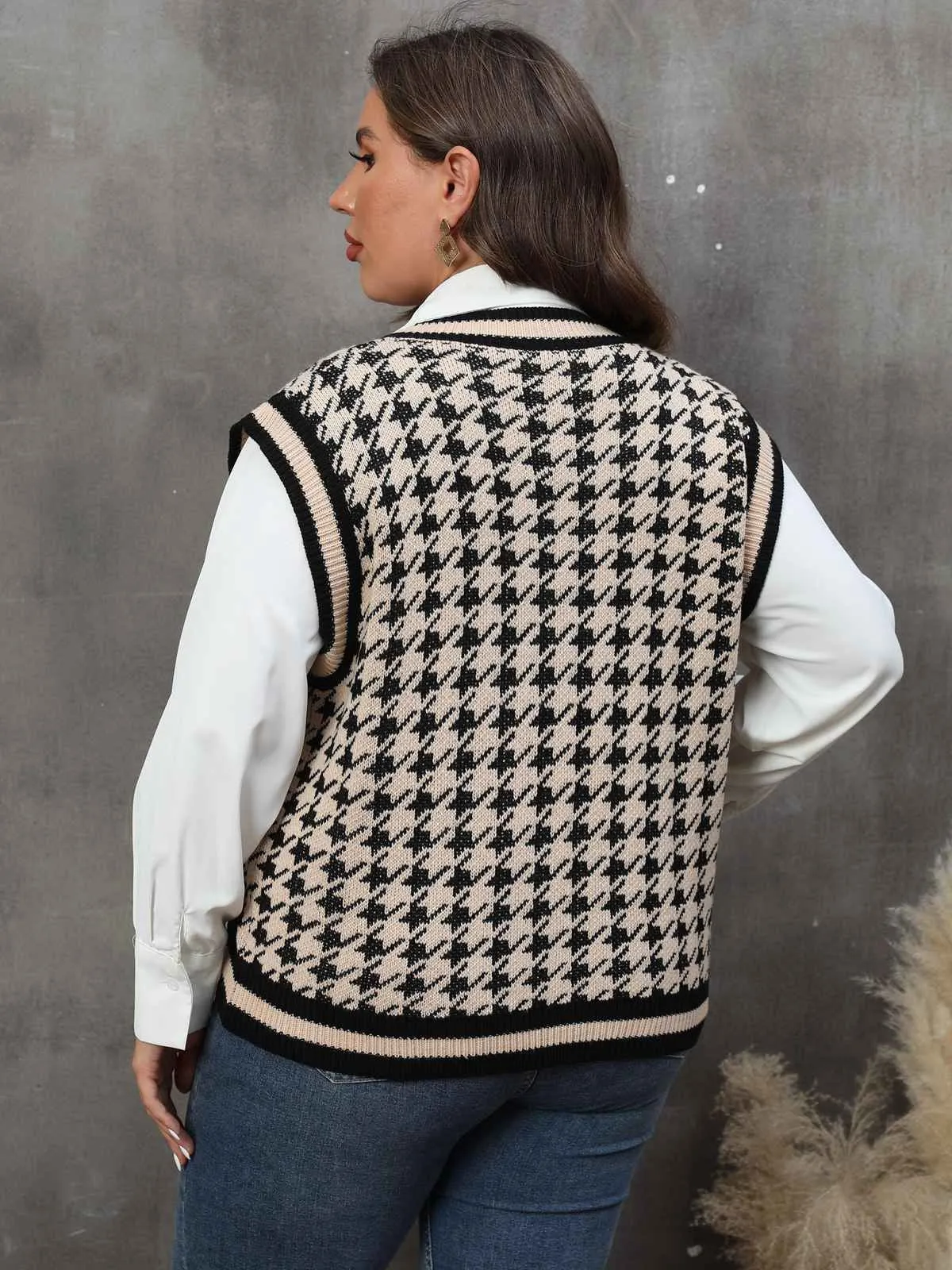 [Plus Size] 1960s Jacquard Contrasting Houndstooth Wool Vest