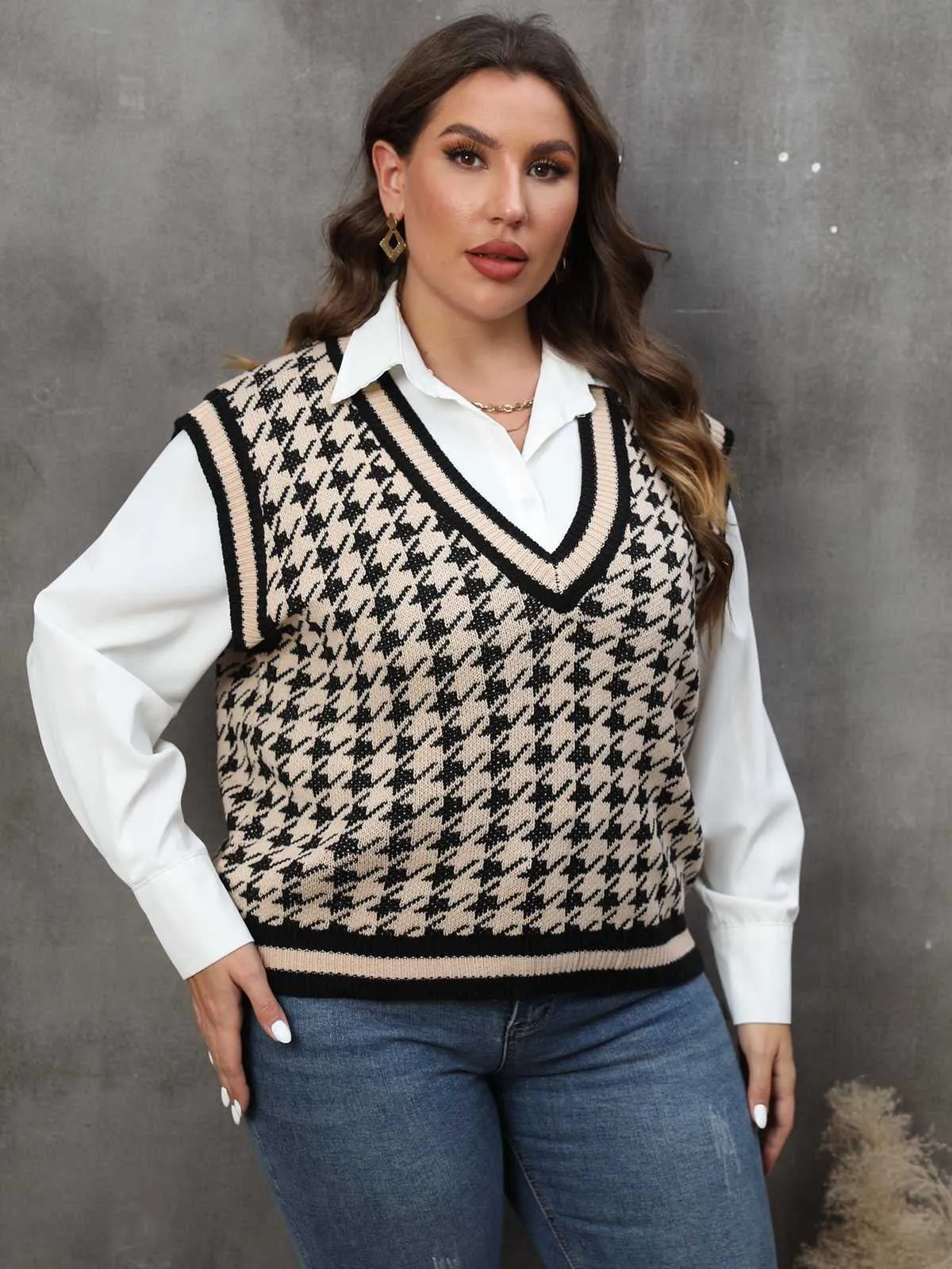 [Plus Size] 1960s Jacquard Contrasting Houndstooth Wool Vest