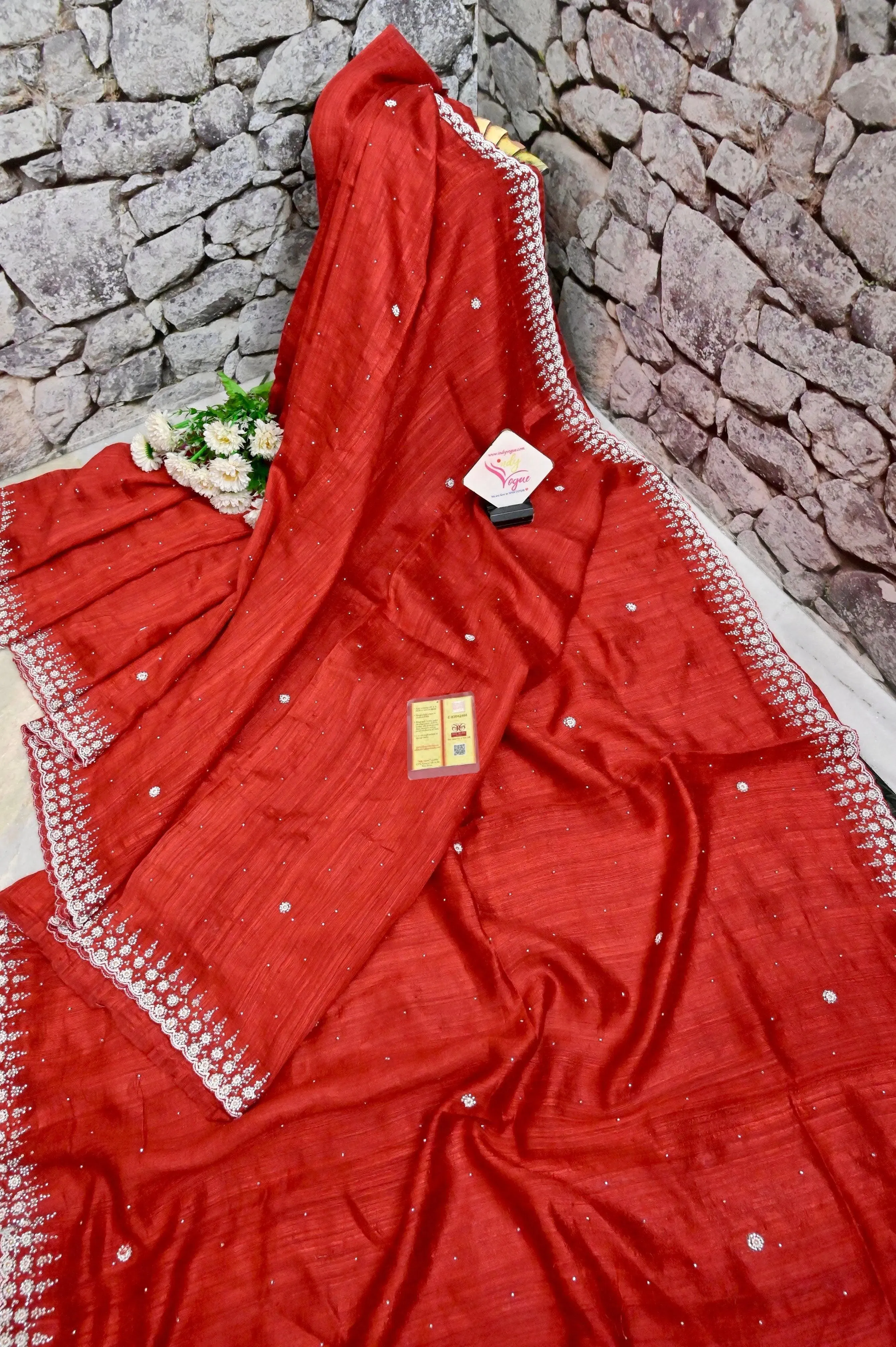 Pure Crimson Red Color Matka Saree with Hand Stone and Pearl Work