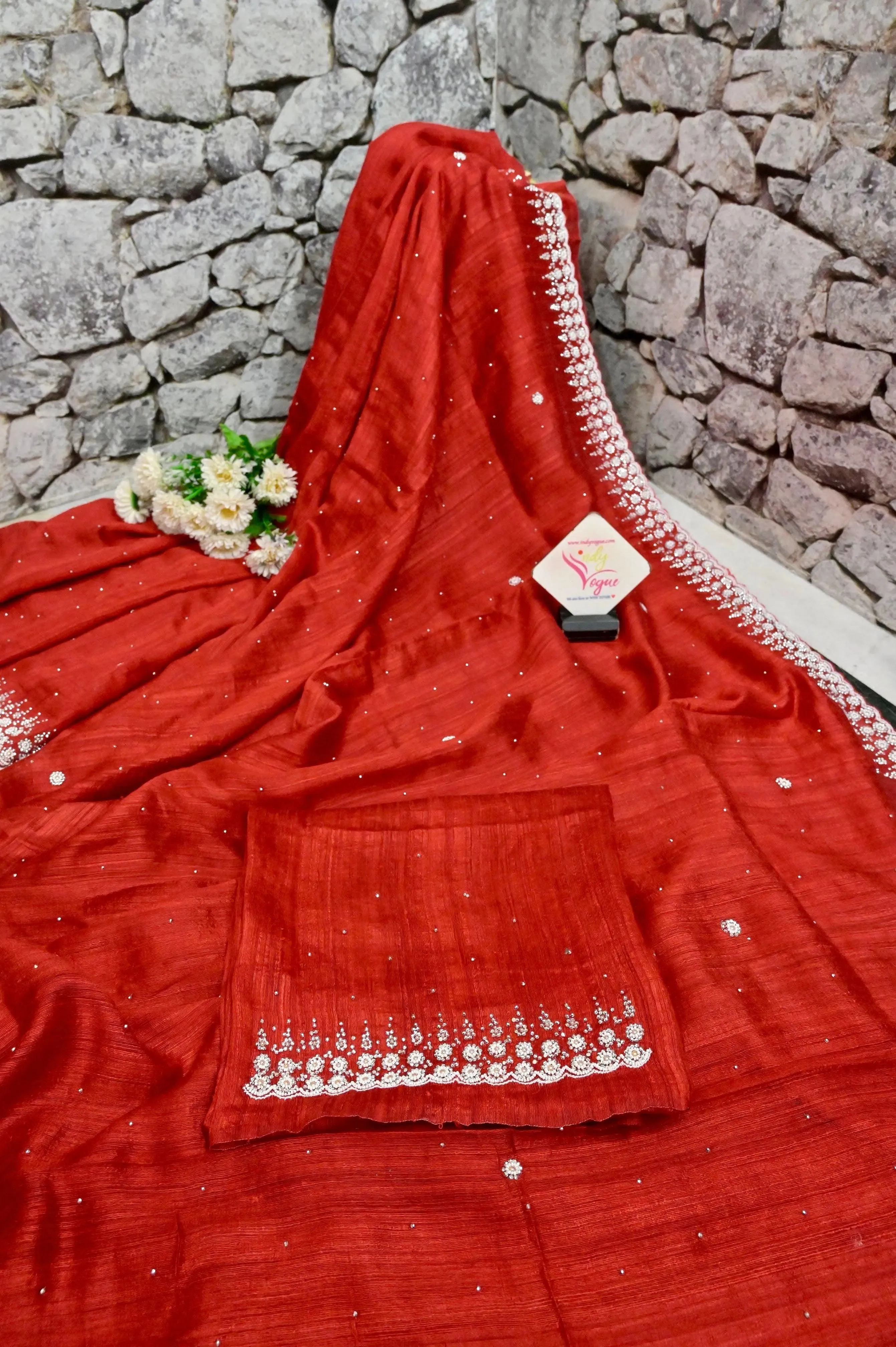 Pure Crimson Red Color Matka Saree with Hand Stone and Pearl Work