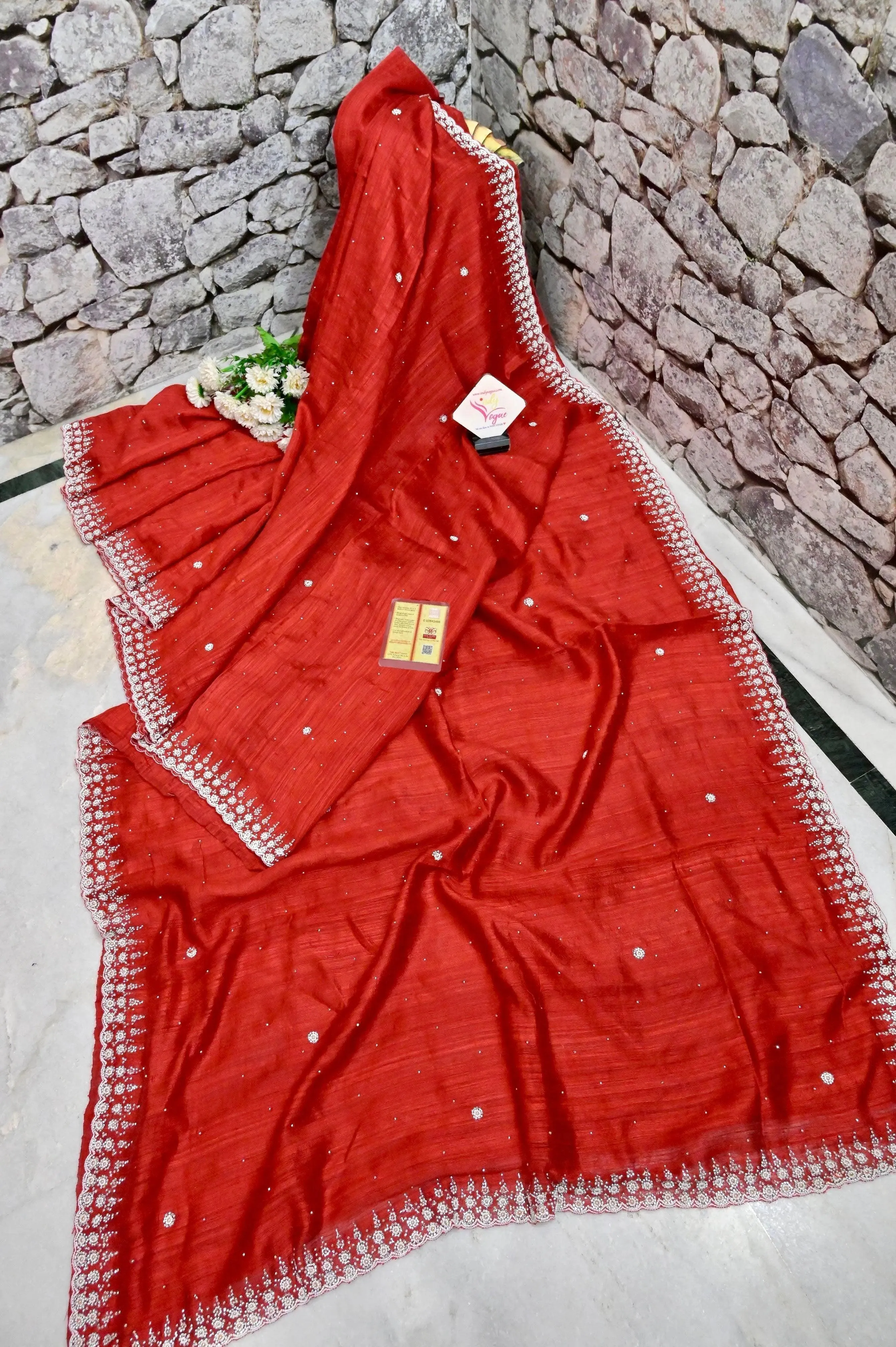 Pure Crimson Red Color Matka Saree with Hand Stone and Pearl Work