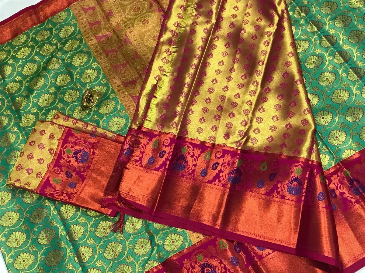 Pure Kanjeevaram Green Tissue Silk Saree With Contrast Zari Border - SILKMARK CERTIFIED