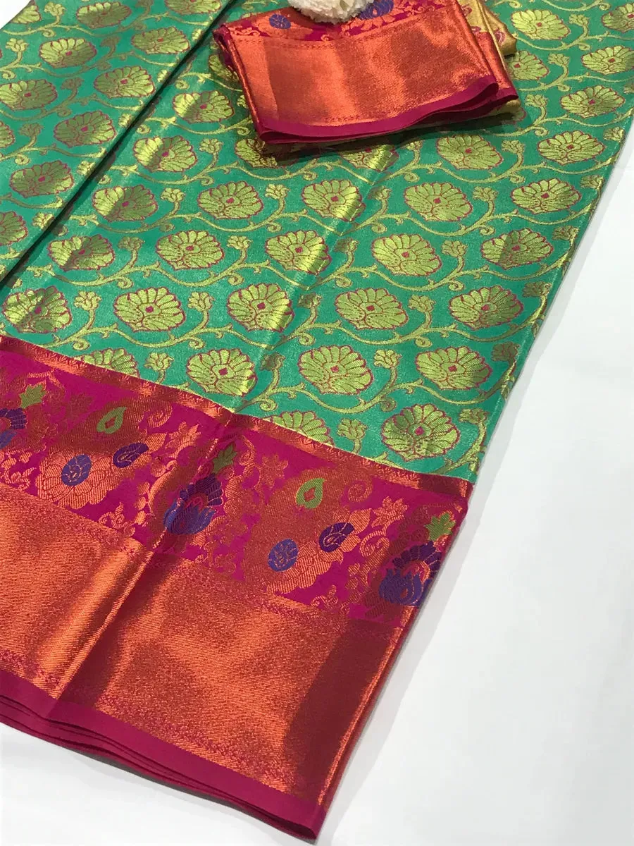 Pure Kanjeevaram Green Tissue Silk Saree With Contrast Zari Border - SILKMARK CERTIFIED