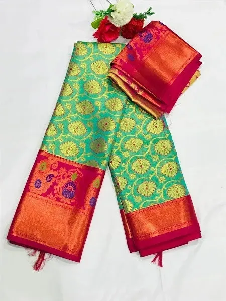 Pure Kanjeevaram Green Tissue Silk Saree With Contrast Zari Border - SILKMARK CERTIFIED