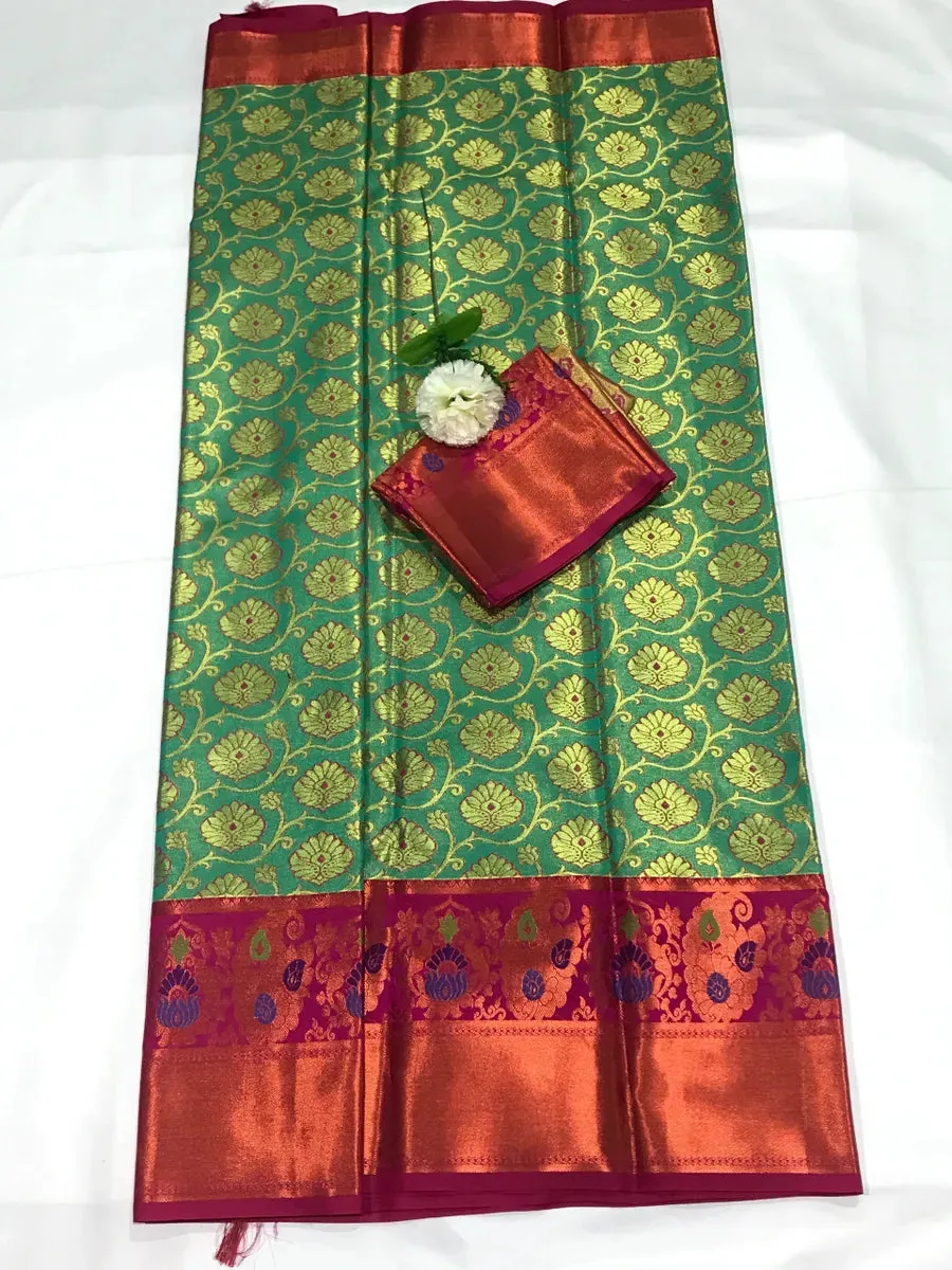 Pure Kanjeevaram Green Tissue Silk Saree With Contrast Zari Border - SILKMARK CERTIFIED