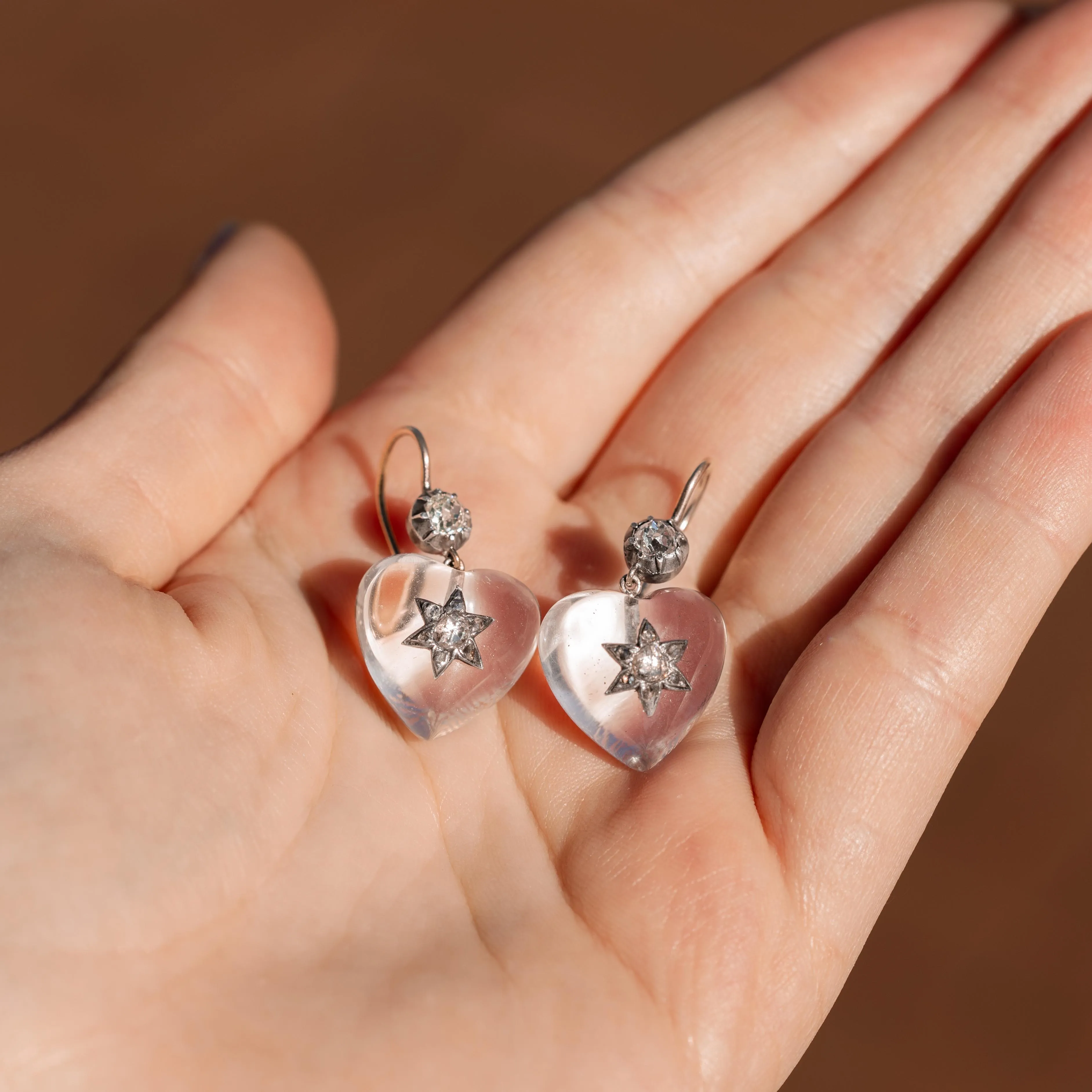 Rare Victorian Rock Crystal Diamond Heart Drop Earrings