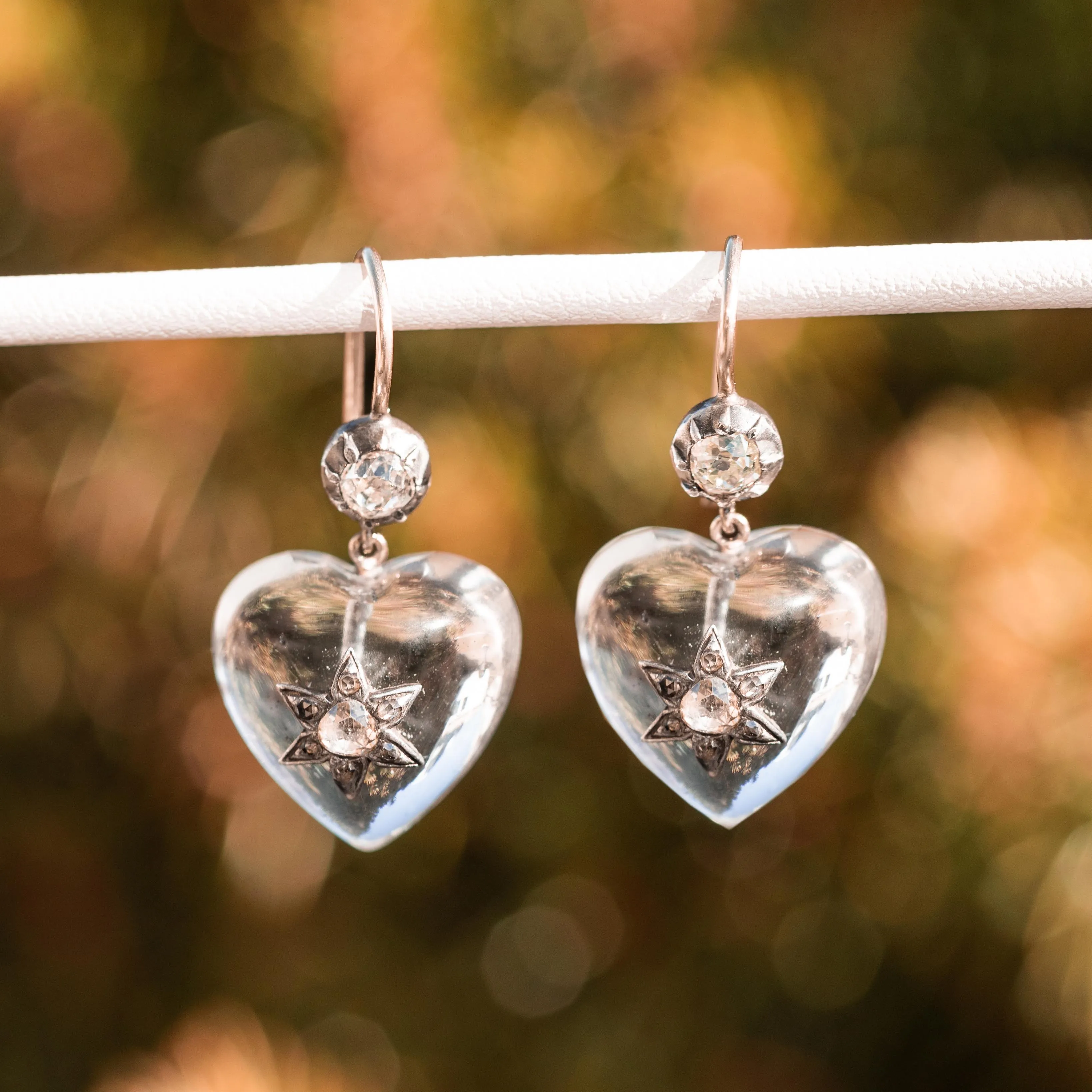 Rare Victorian Rock Crystal Diamond Heart Drop Earrings