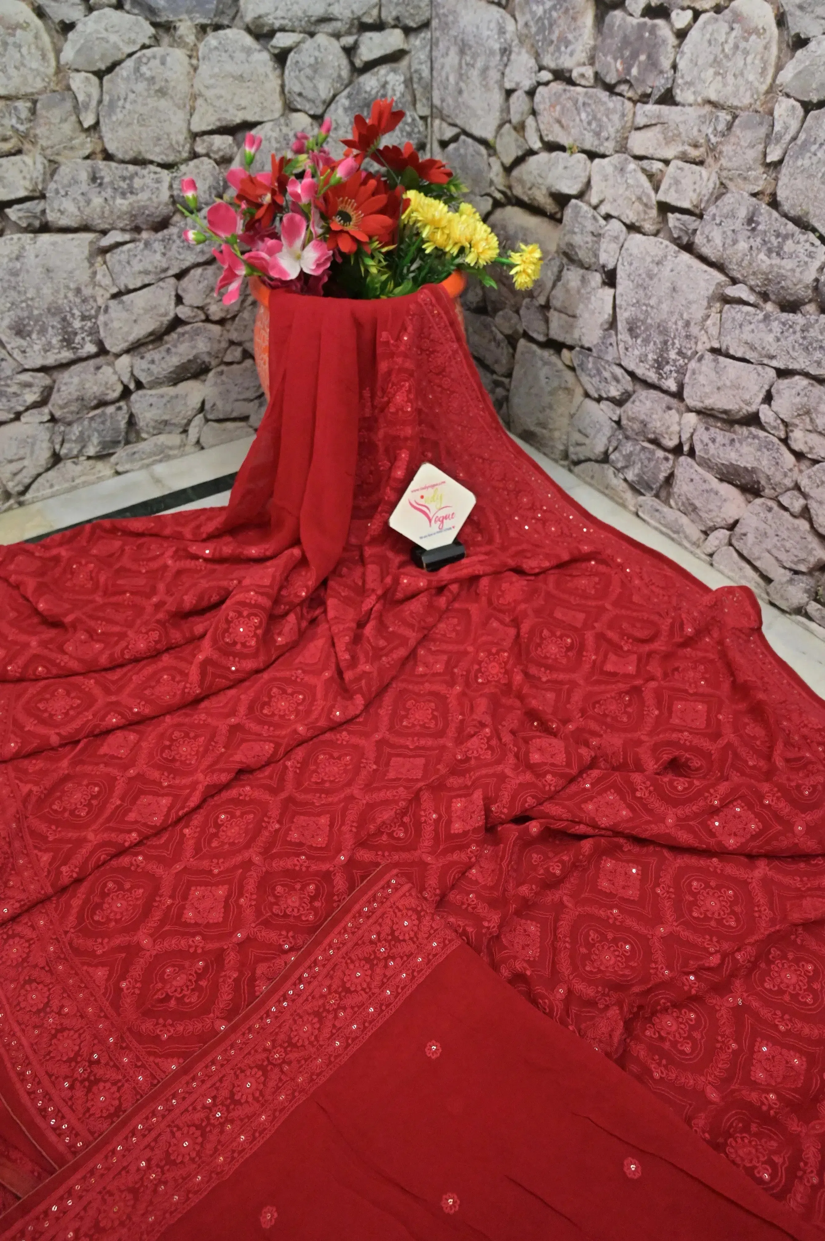 Red Color Designer Georgette Saree with Chikankari Embroidery and Sequin Work