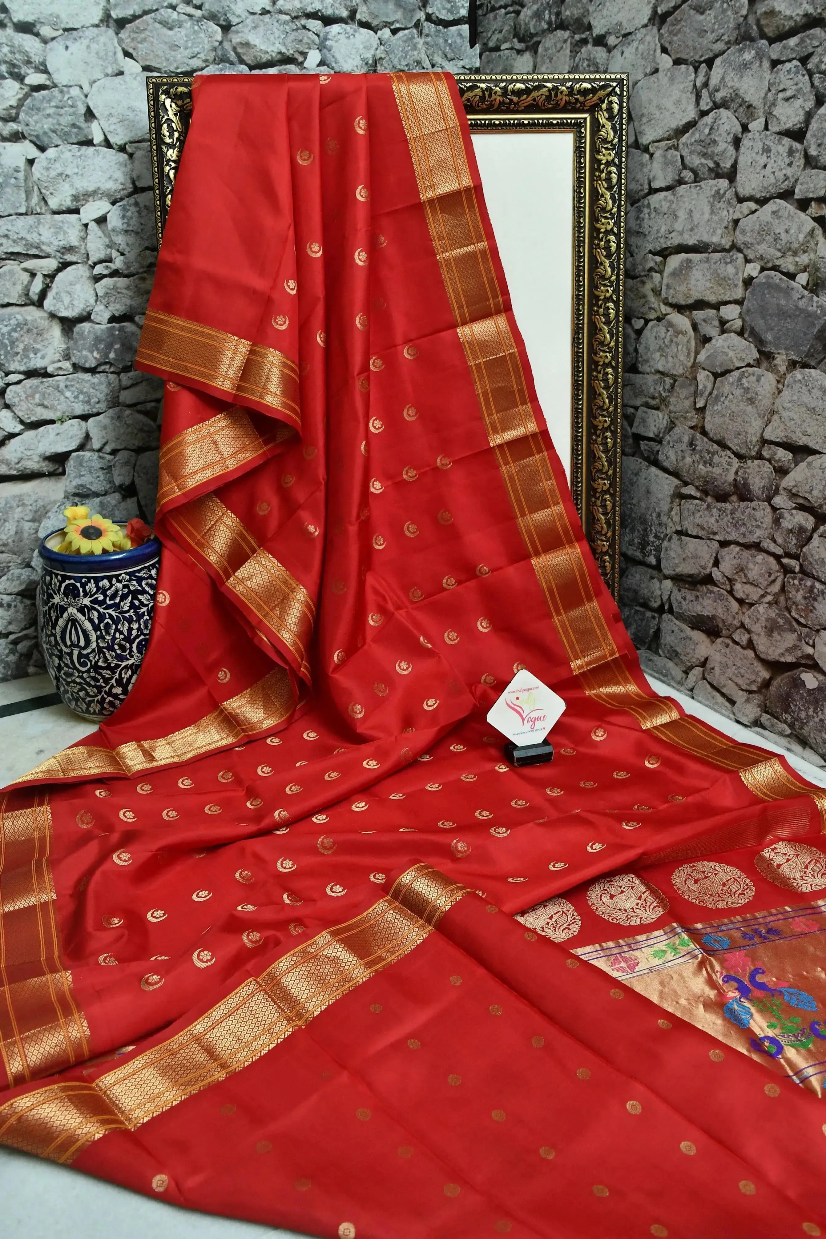 Scarlet Red Color Pure Maharani Paithani Silk Saree with Golden Butta Work