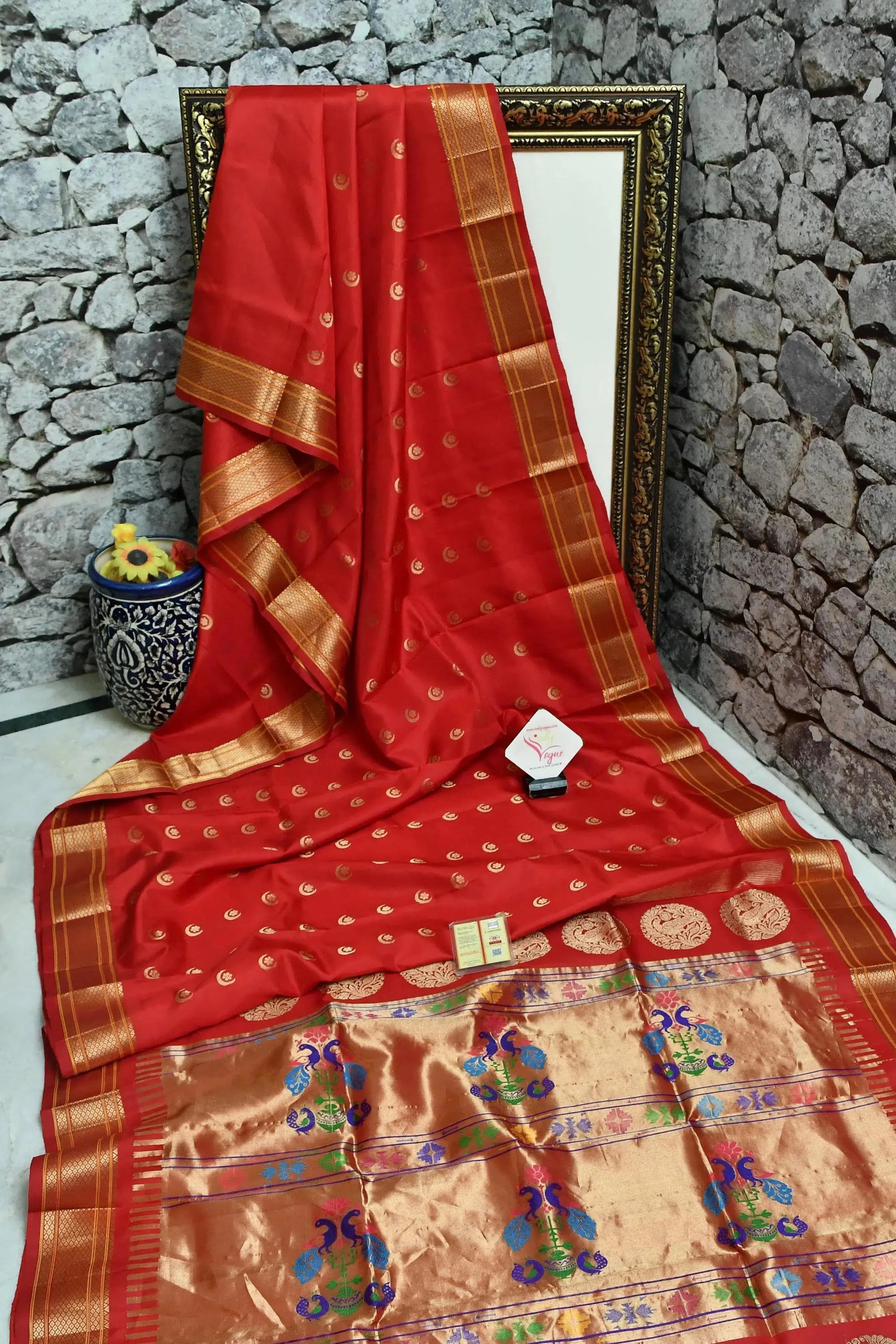 Scarlet Red Color Pure Maharani Paithani Silk Saree with Golden Butta Work