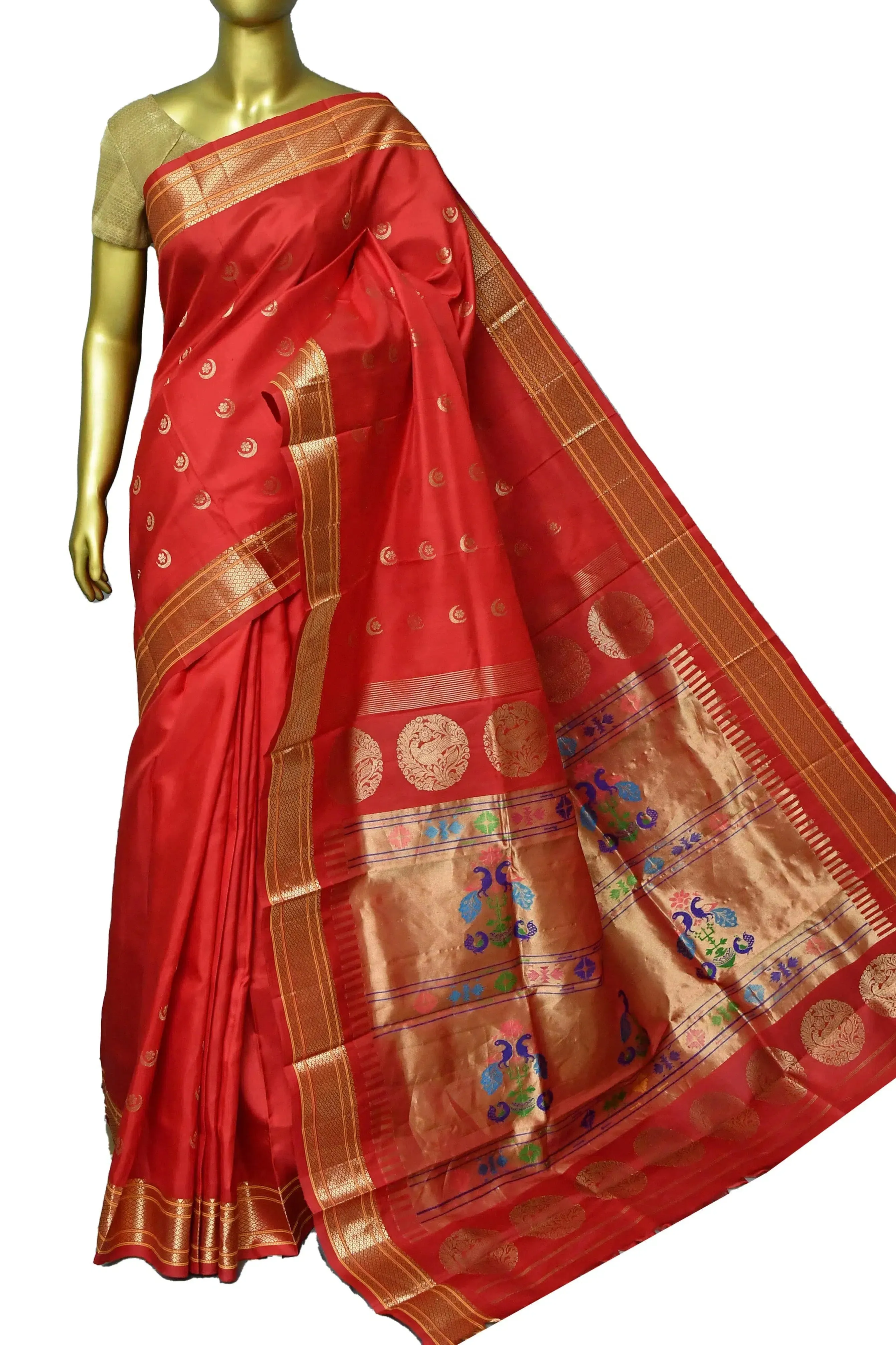 Scarlet Red Color Pure Maharani Paithani Silk Saree with Golden Butta Work