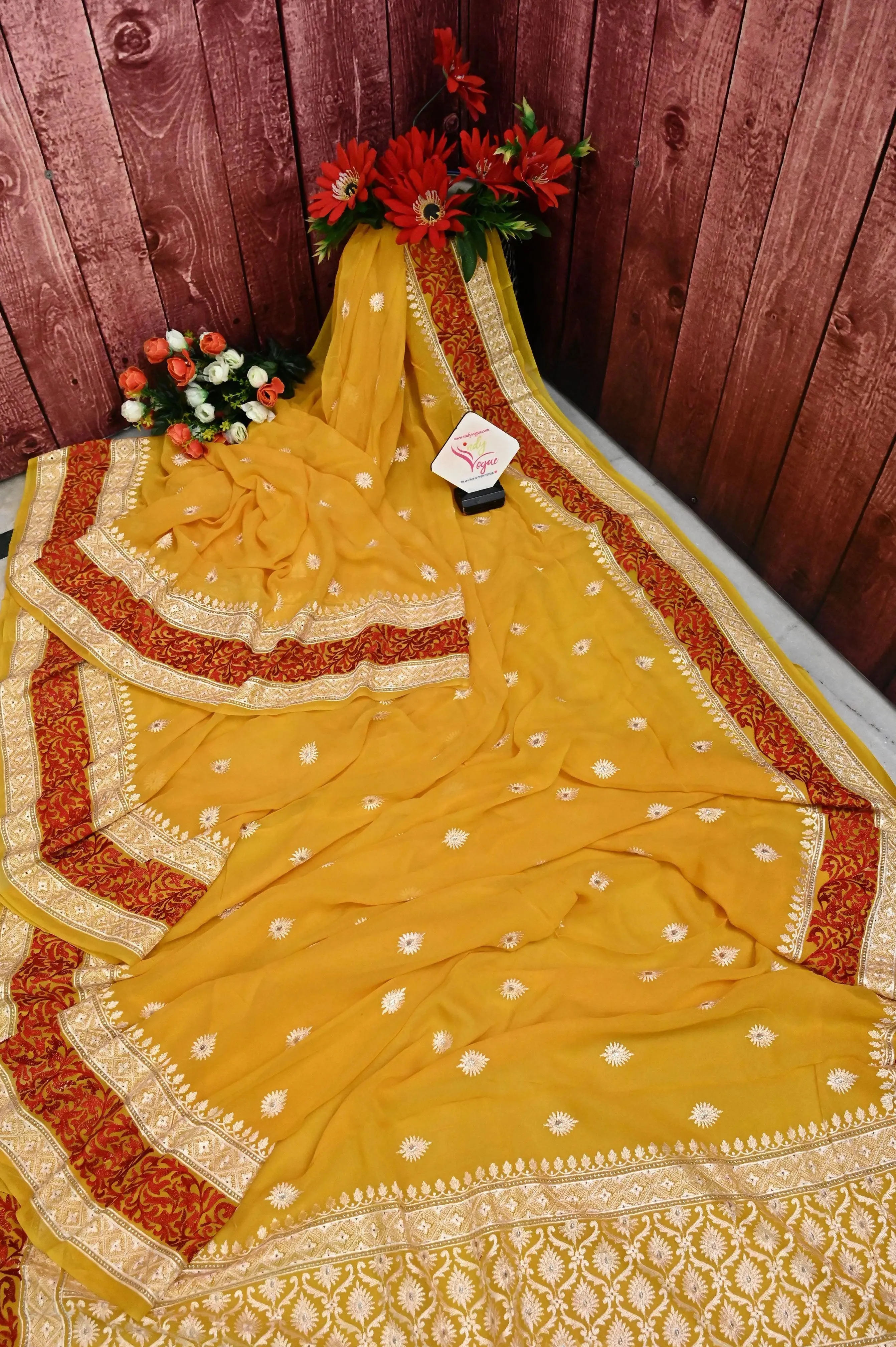 Turmeric Yellow Color Georgette Saree with Embroidery Work