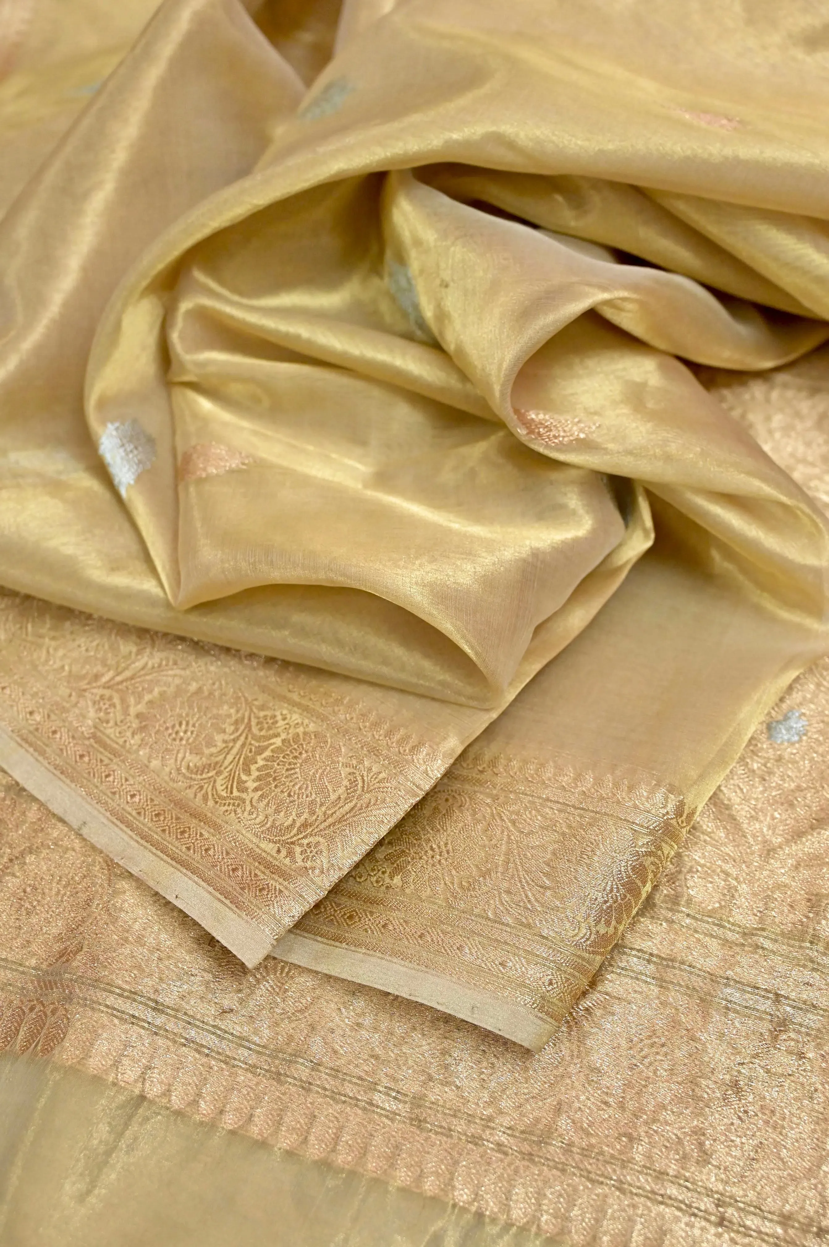 Tussar Color Tissue Banarasi Saree with Golden and Silver Butta Work