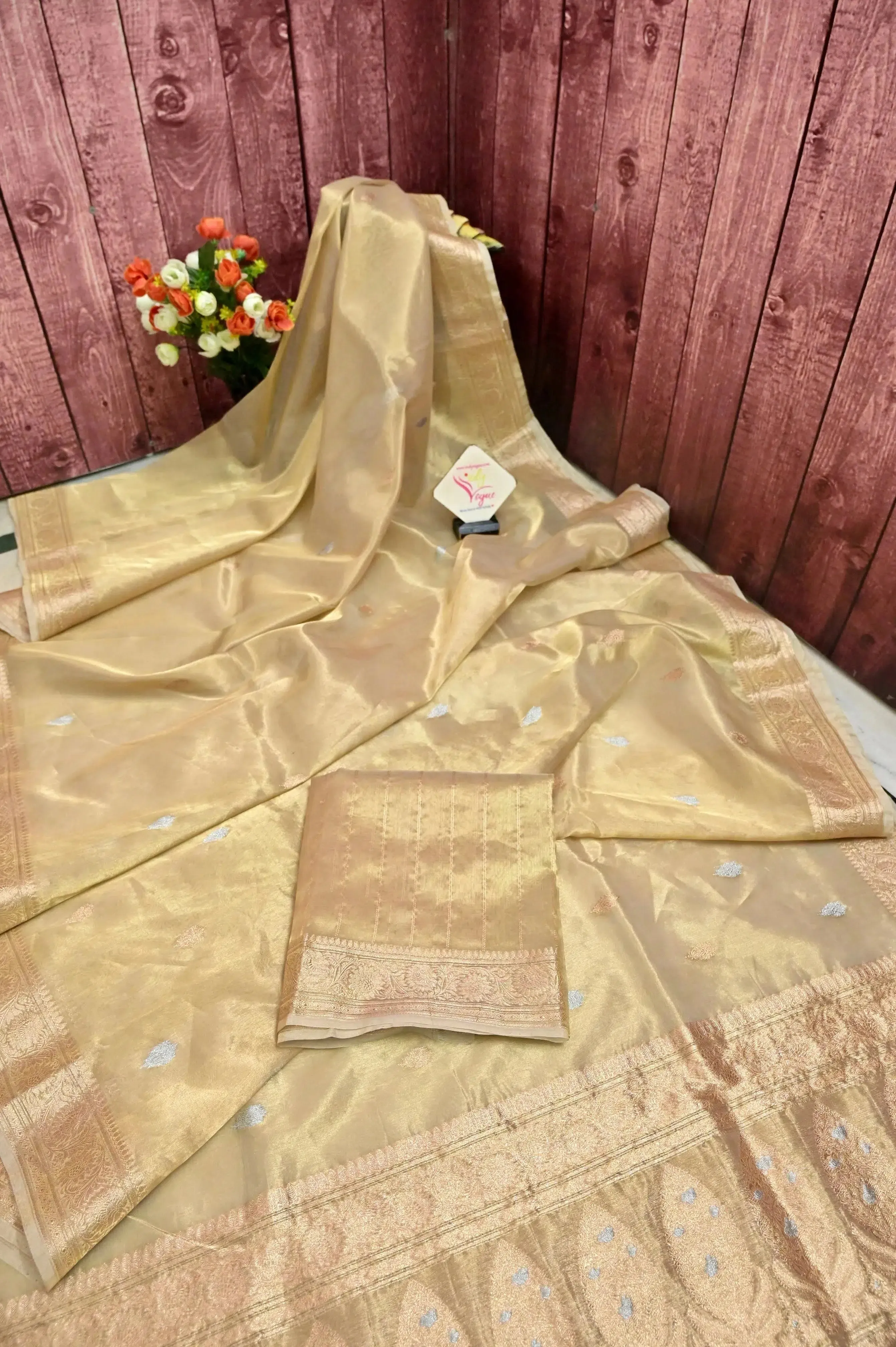 Tussar Color Tissue Banarasi Saree with Golden and Silver Butta Work